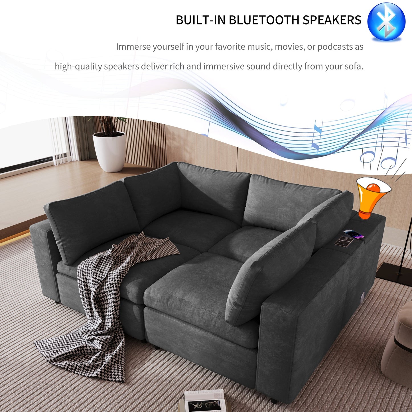 U-style Upholstered Modular Sofa with with Storage Space, USB Charge Ports,Wireless Charging and Built-in Bluetooth Speaker in Arm,Sectional sofa for Living Room Apartment.[old sku:WY000317AAE]