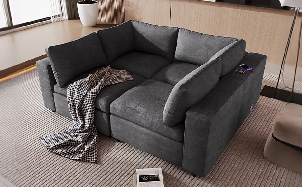 U-style Upholstered Modular Sofa with with Storage Space, USB Charge Ports,Wireless Charging and Built-in Bluetooth Speaker in Arm,Sectional sofa for Living Room Apartment.[old sku:WY000317AAE]