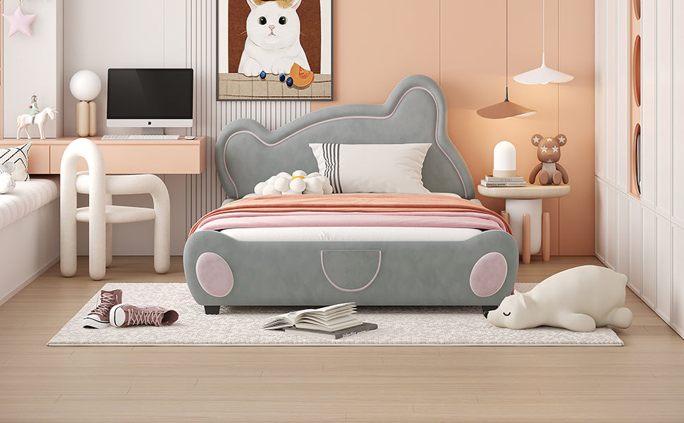 Full Size Velvet Platform Bed with Bear-Shaped Headboard, with Drawers, with Bed-End Storage Pocket, Gray - Groovy Boardz