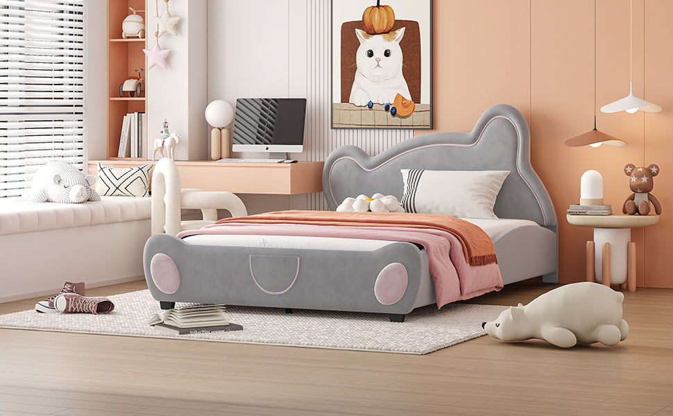 Full Size Velvet Platform Bed with Bear-Shaped Headboard, with Drawers, with Bed-End Storage Pocket, Gray - Groovy Boardz