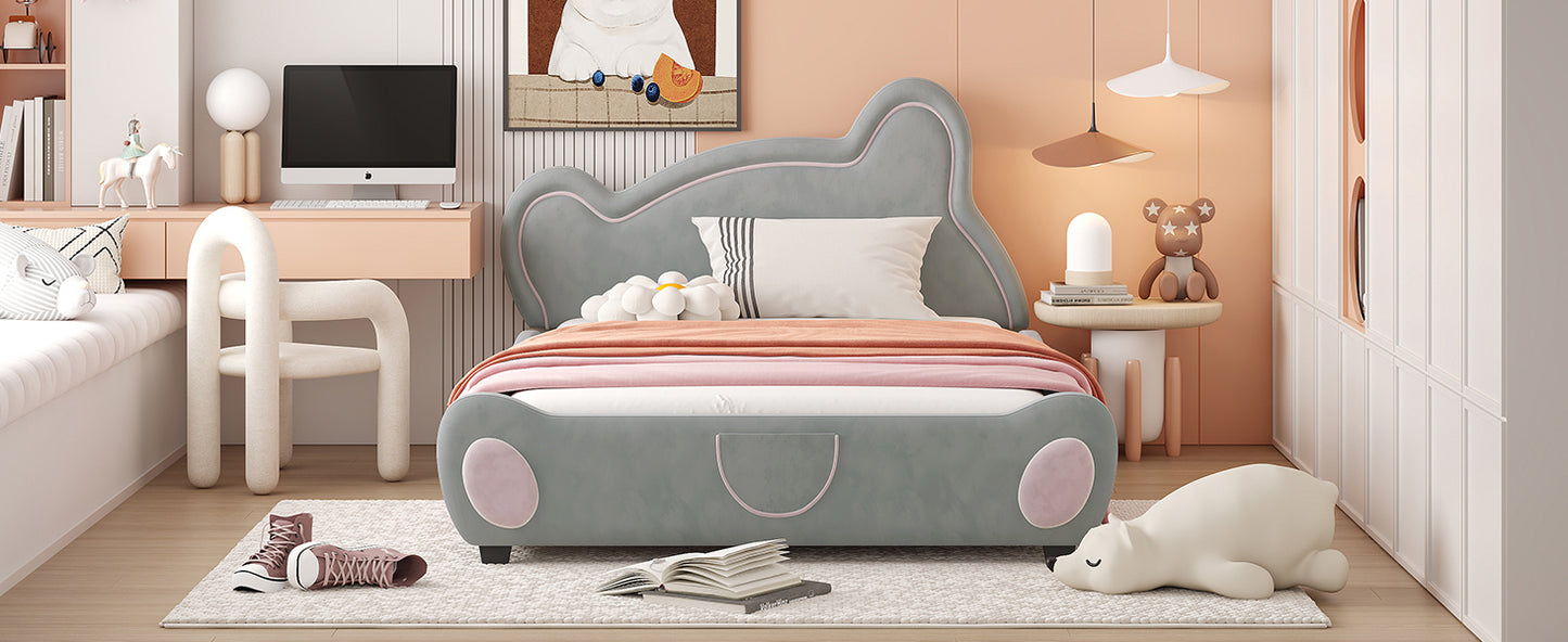 Full Size Velvet Platform Bed with Bear-Shaped Headboard, with Drawers, with Bed-End Storage Pocket, Gray - Groovy Boardz