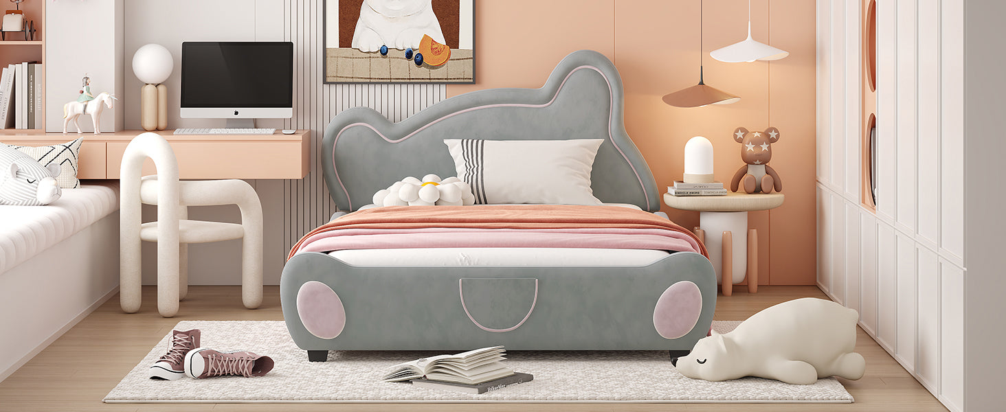 Full Size Velvet Platform Bed with Bear-Shaped Headboard, with Drawers, with Bed-End Storage Pocket, Gray - Groovy Boardz