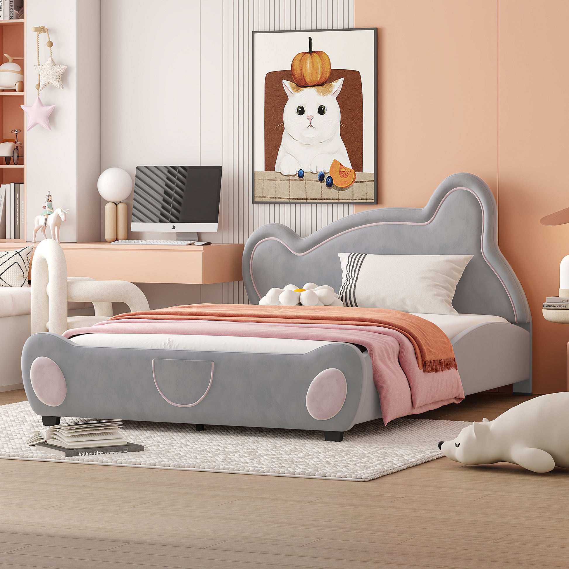 Full Size Velvet Platform Bed with Bear-Shaped Headboard, with Drawers, with Bed-End Storage Pocket, Gray - Groovy Boardz