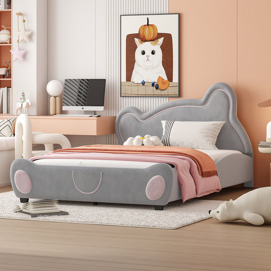 Full Size Velvet Platform Bed with Bear-Shaped Headboard, with Drawers, with Bed-End Storage Pocket, Gray - Groovy Boardz