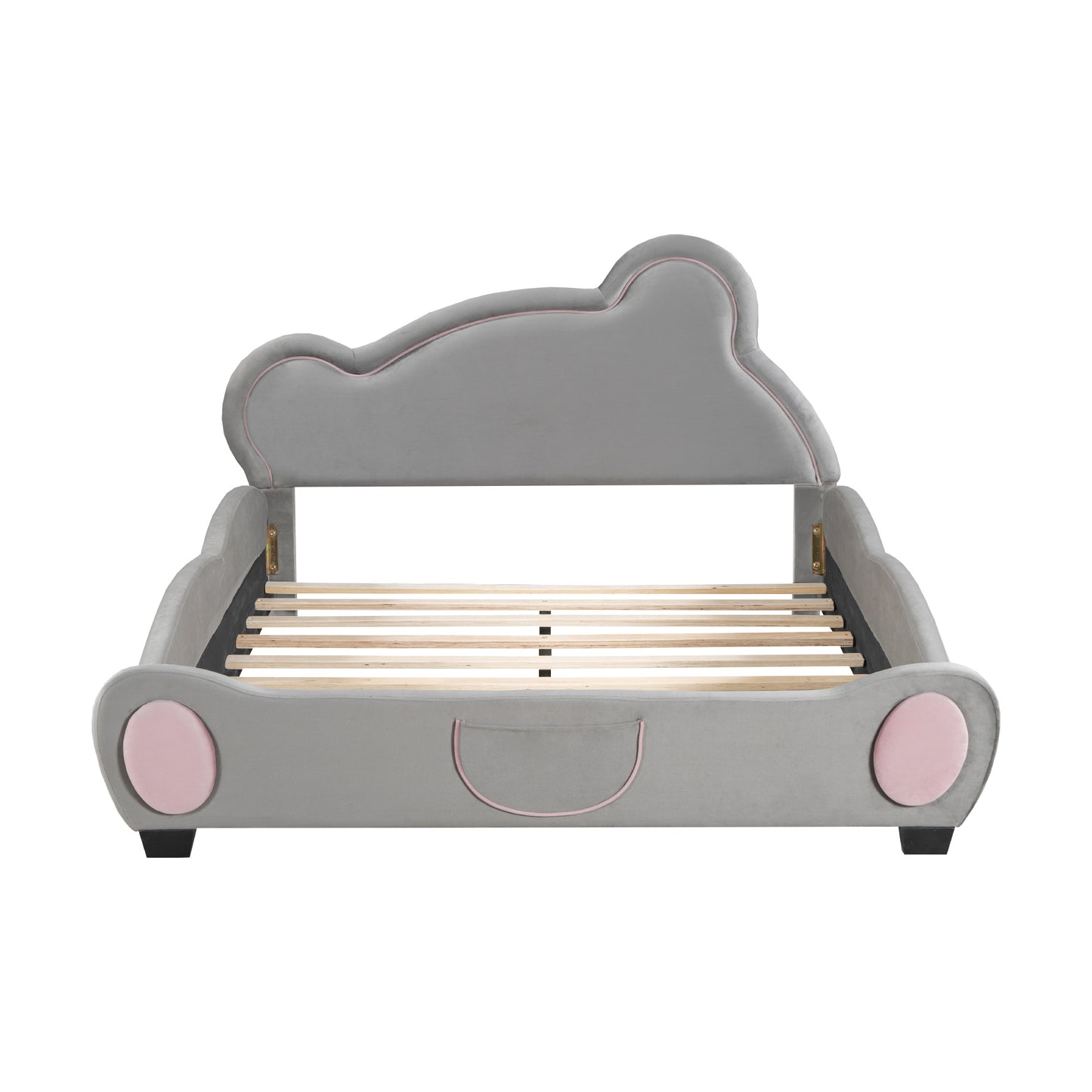 Full Size Velvet Platform Bed with Bear-Shaped Headboard, with Drawers, with Bed-End Storage Pocket, Gray - Groovy Boardz