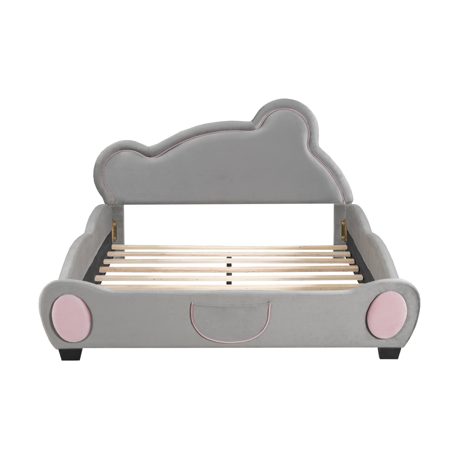 Full Size Velvet Platform Bed with Bear-Shaped Headboard, with Drawers, with Bed-End Storage Pocket, Gray - Groovy Boardz