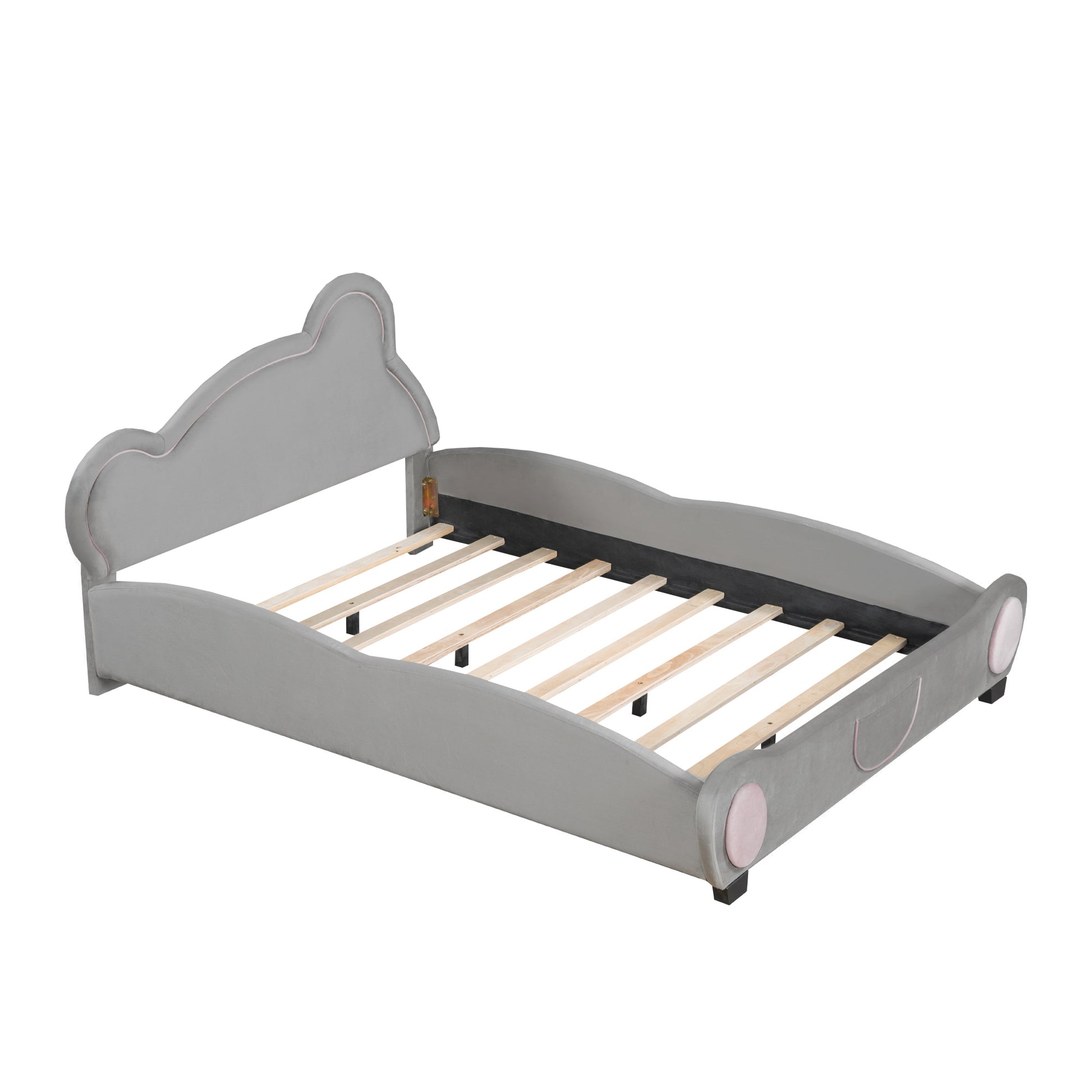 Full Size Velvet Platform Bed with Bear-Shaped Headboard, with Drawers, with Bed-End Storage Pocket, Gray - Groovy Boardz