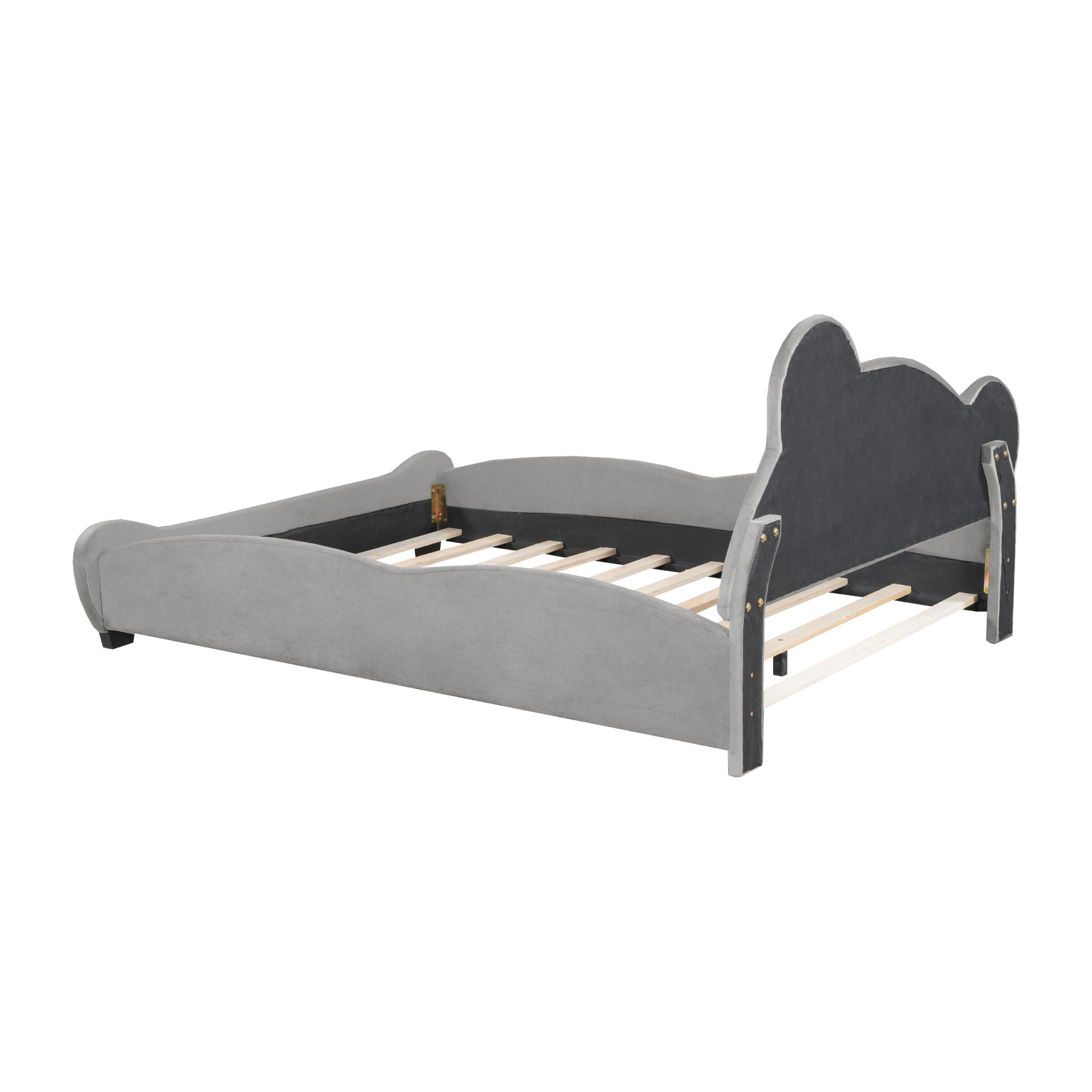 Full Size Velvet Platform Bed with Bear-Shaped Headboard, with Drawers, with Bed-End Storage Pocket, Gray - Groovy Boardz