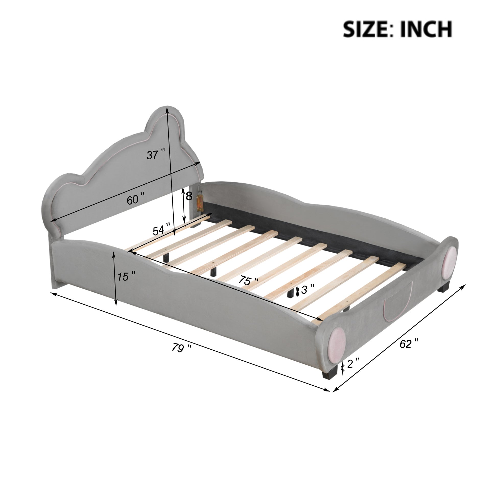 Full Size Velvet Platform Bed with Bear-Shaped Headboard, with Drawers, with Bed-End Storage Pocket, Gray - Groovy Boardz
