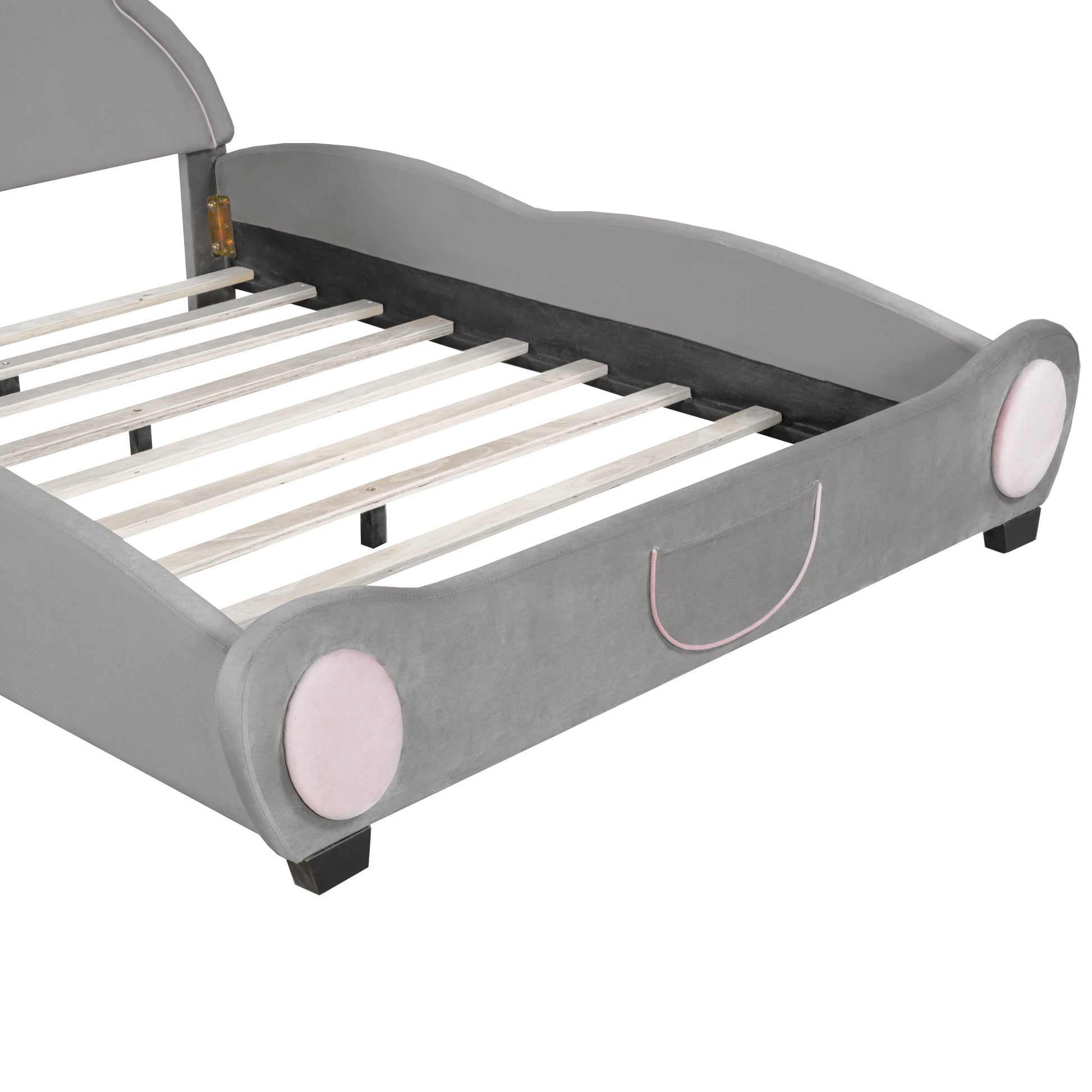 Full Size Velvet Platform Bed with Bear-Shaped Headboard, with Drawers, with Bed-End Storage Pocket, Gray - Groovy Boardz