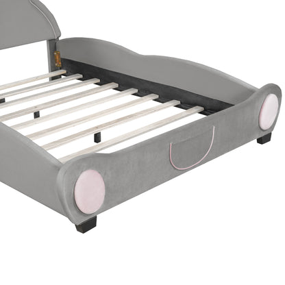 Full Size Velvet Platform Bed with Bear-Shaped Headboard, with Drawers, with Bed-End Storage Pocket, Gray - Groovy Boardz