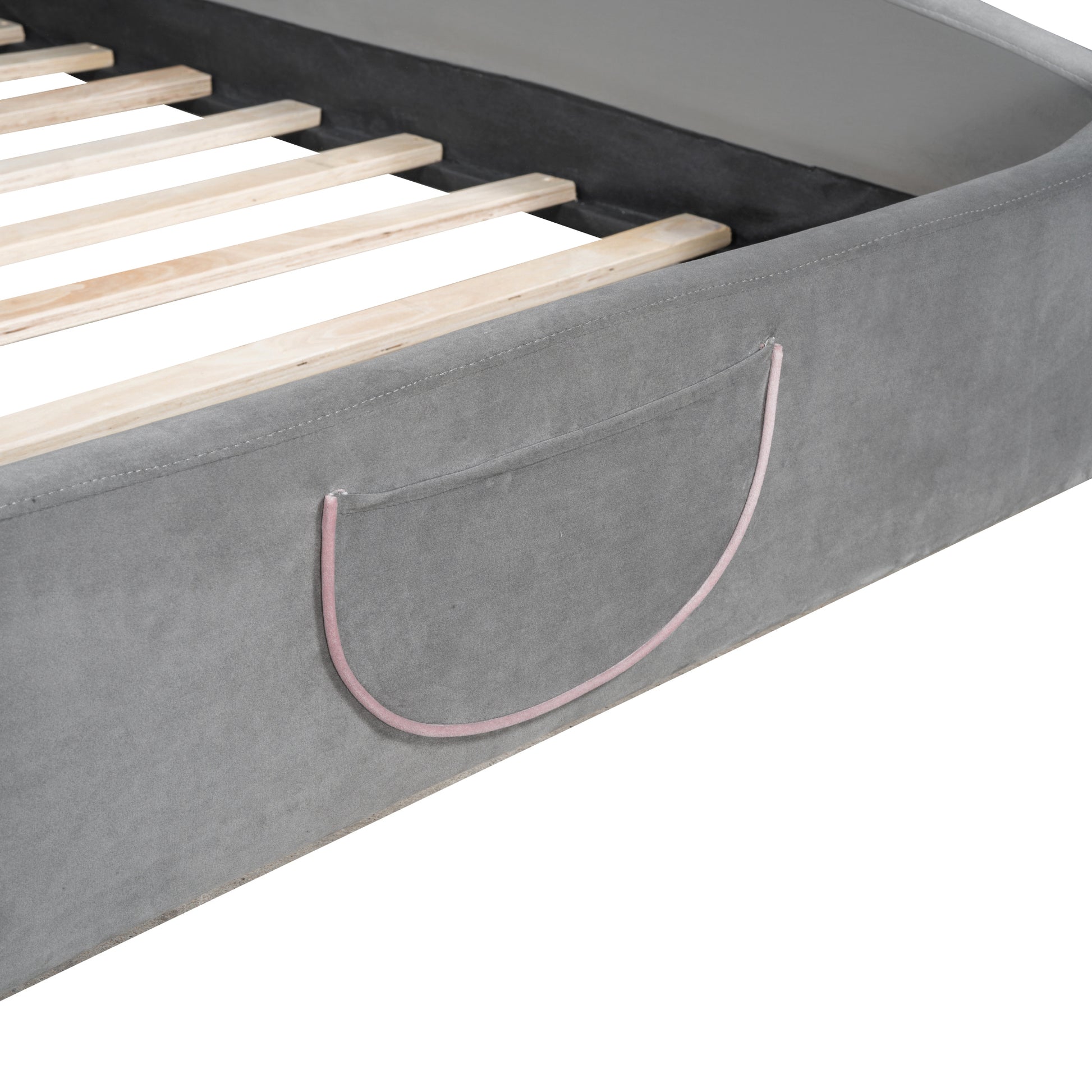 Full Size Velvet Platform Bed with Bear-Shaped Headboard, with Drawers, with Bed-End Storage Pocket, Gray - Groovy Boardz