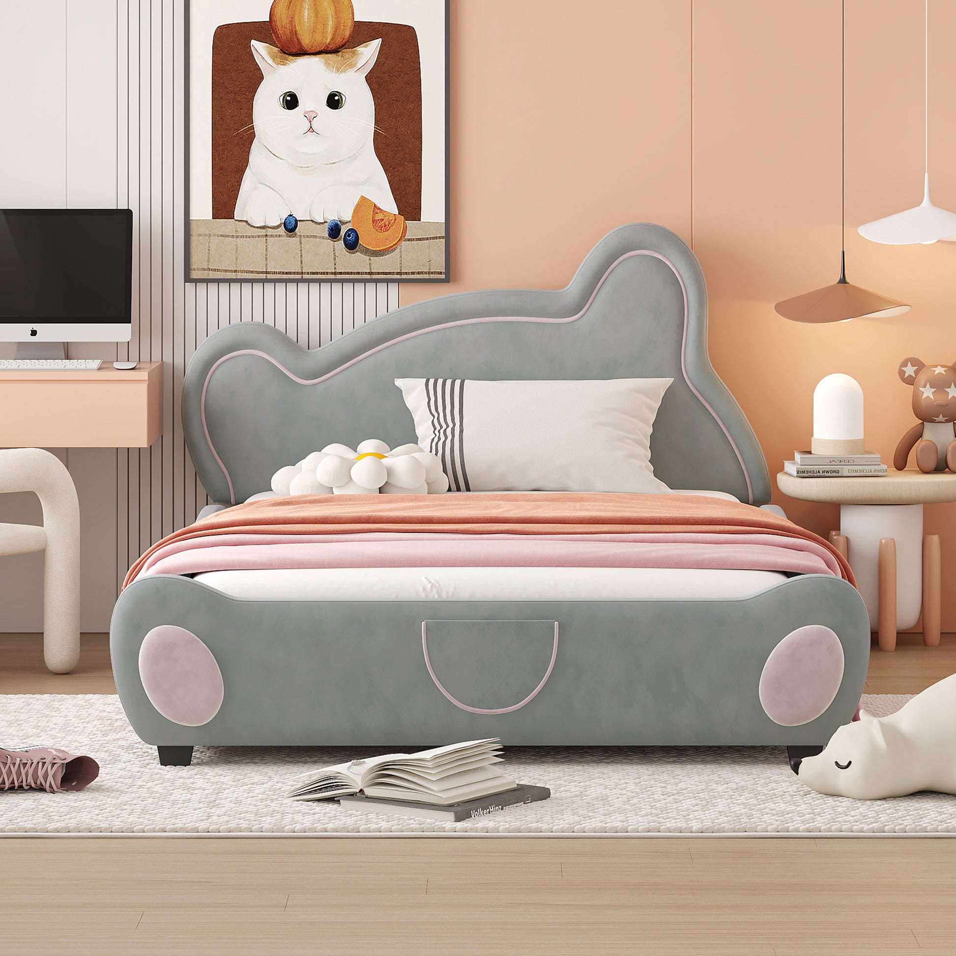 Full Size Velvet Platform Bed with Bear-Shaped Headboard, with Drawers, with Bed-End Storage Pocket, Gray - Groovy Boardz