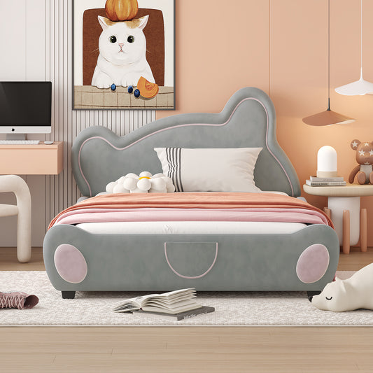 Full Size Velvet Platform Bed with Bear-Shaped Headboard, with Drawers, with Bed-End Storage Pocket, Gray - Groovy Boardz
