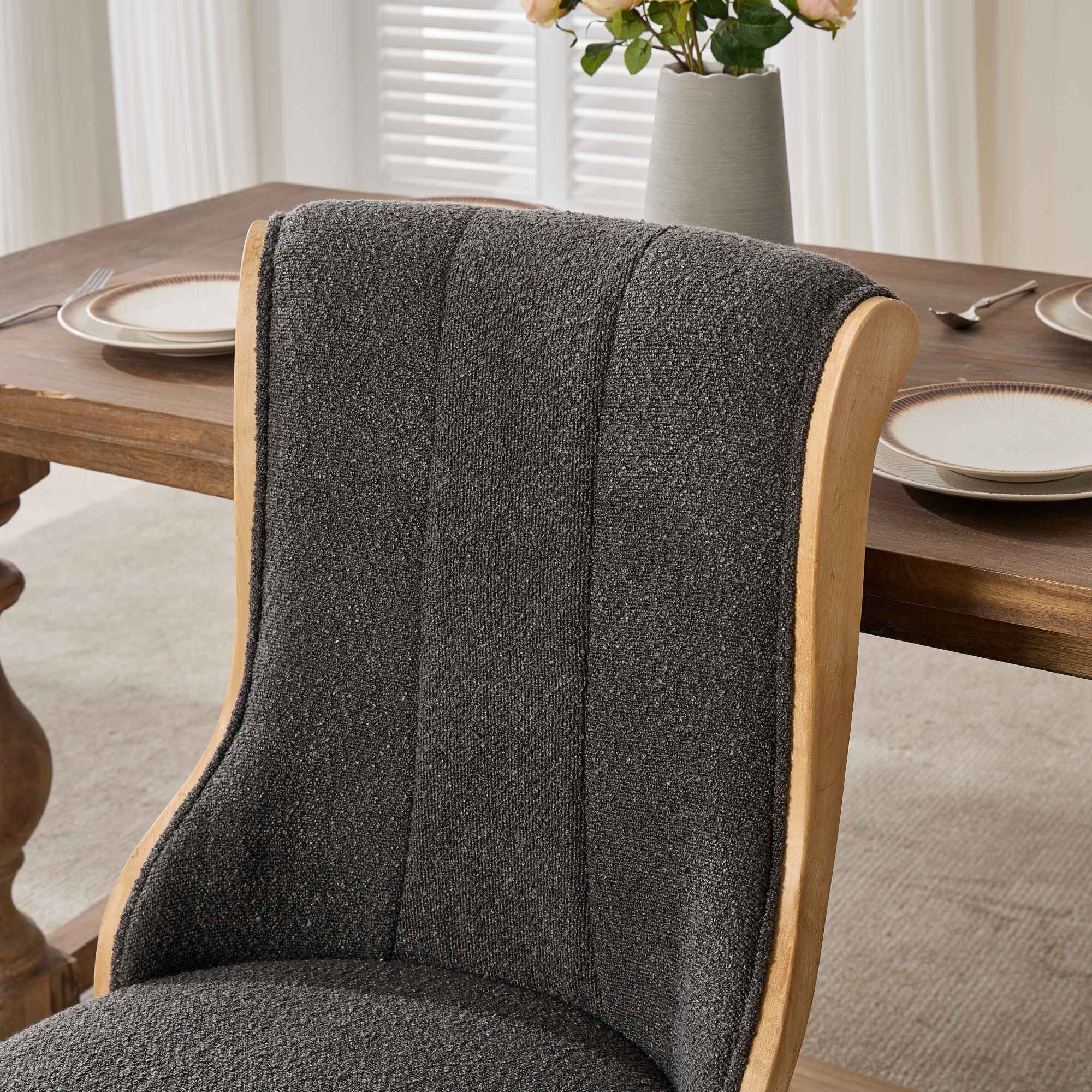 Snow Velvet Dining Chairs, Mid-Century Style with Curved Wood Trim & Sculpted Legs, Upholstered Comfort for Dining/Lounge, Accent Seating with Fluffy Fabric & Sturdy Wood, Set of 2, Gray