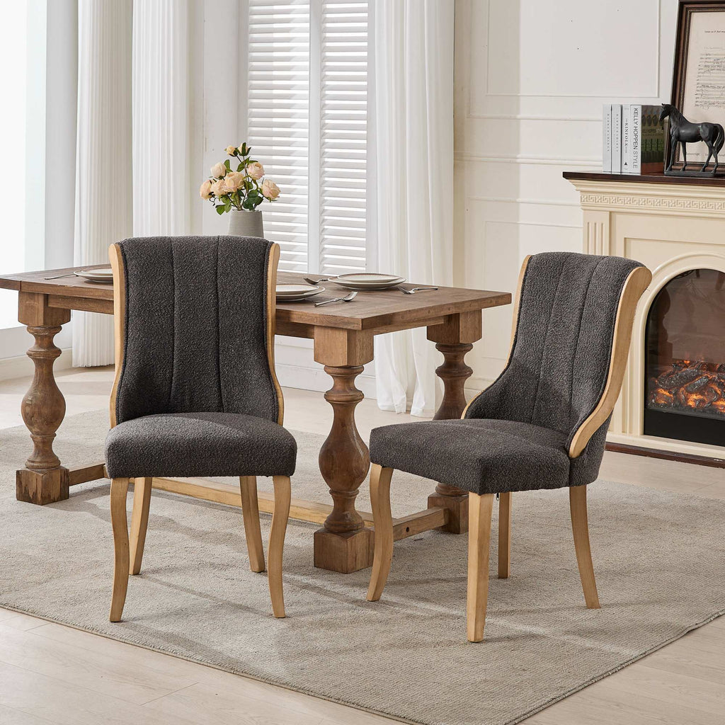 Snow Velvet Dining Chairs, Mid-Century Style with Curved Wood Trim & Sculpted Legs, Upholstered Comfort for Dining/Lounge, Accent Seating with Fluffy Fabric & Sturdy Wood, Set of 2, Gray