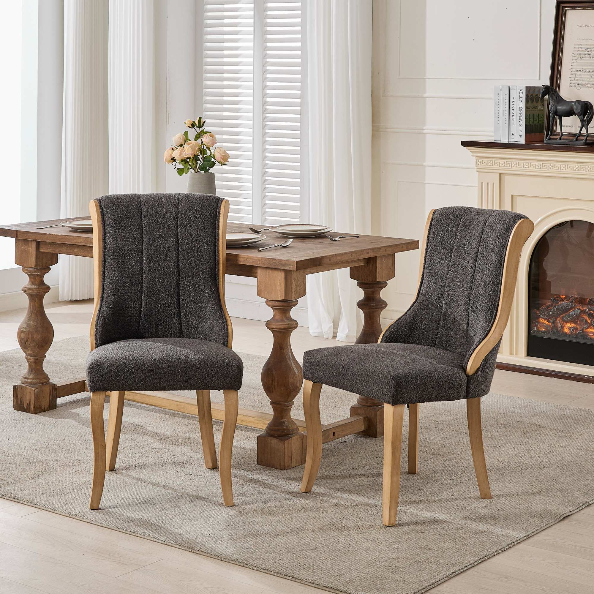Snow Velvet Dining Chairs, Mid-Century Style with Curved Wood Trim & Sculpted Legs, Upholstered Comfort for Dining/Lounge, Accent Seating with Fluffy Fabric & Sturdy Wood, Set of 2, Gray