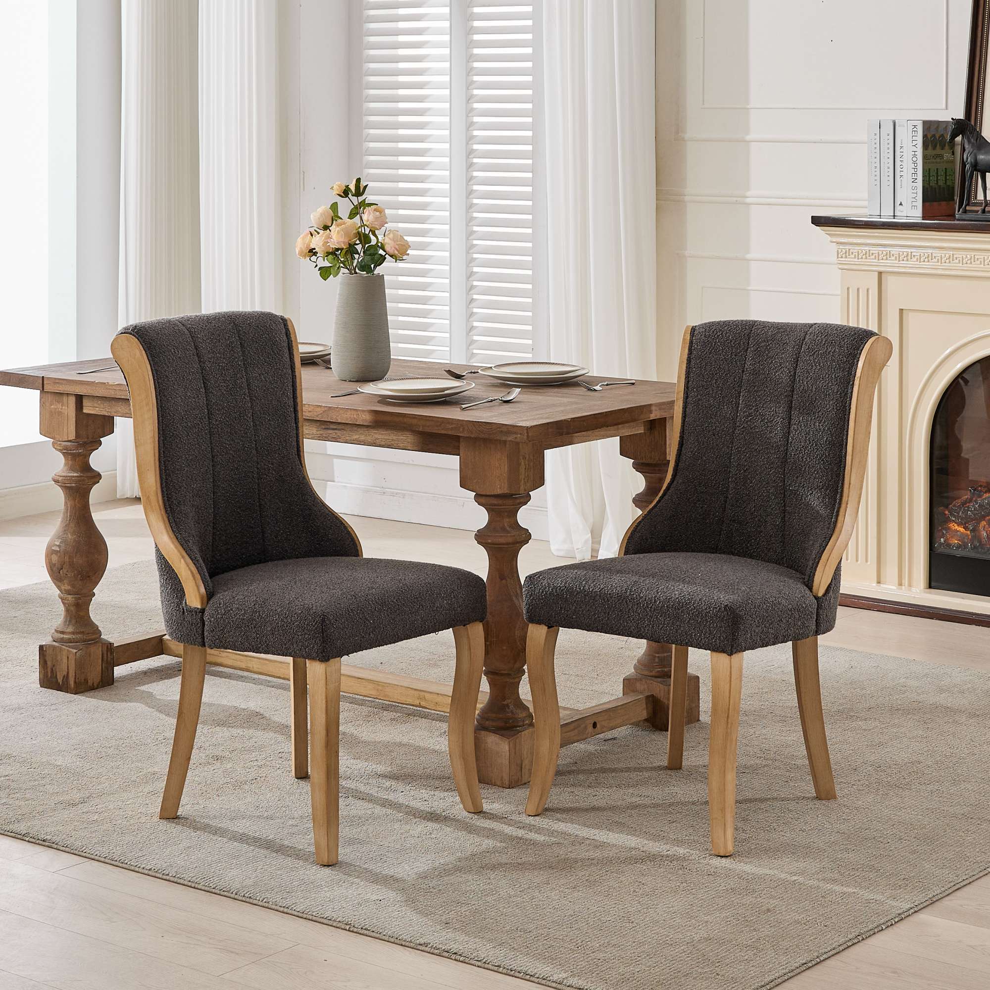Snow Velvet Dining Chairs, Mid-Century Style with Curved Wood Trim & Sculpted Legs, Upholstered Comfort for Dining/Lounge, Accent Seating with Fluffy Fabric & Sturdy Wood, Set of 2, Gray