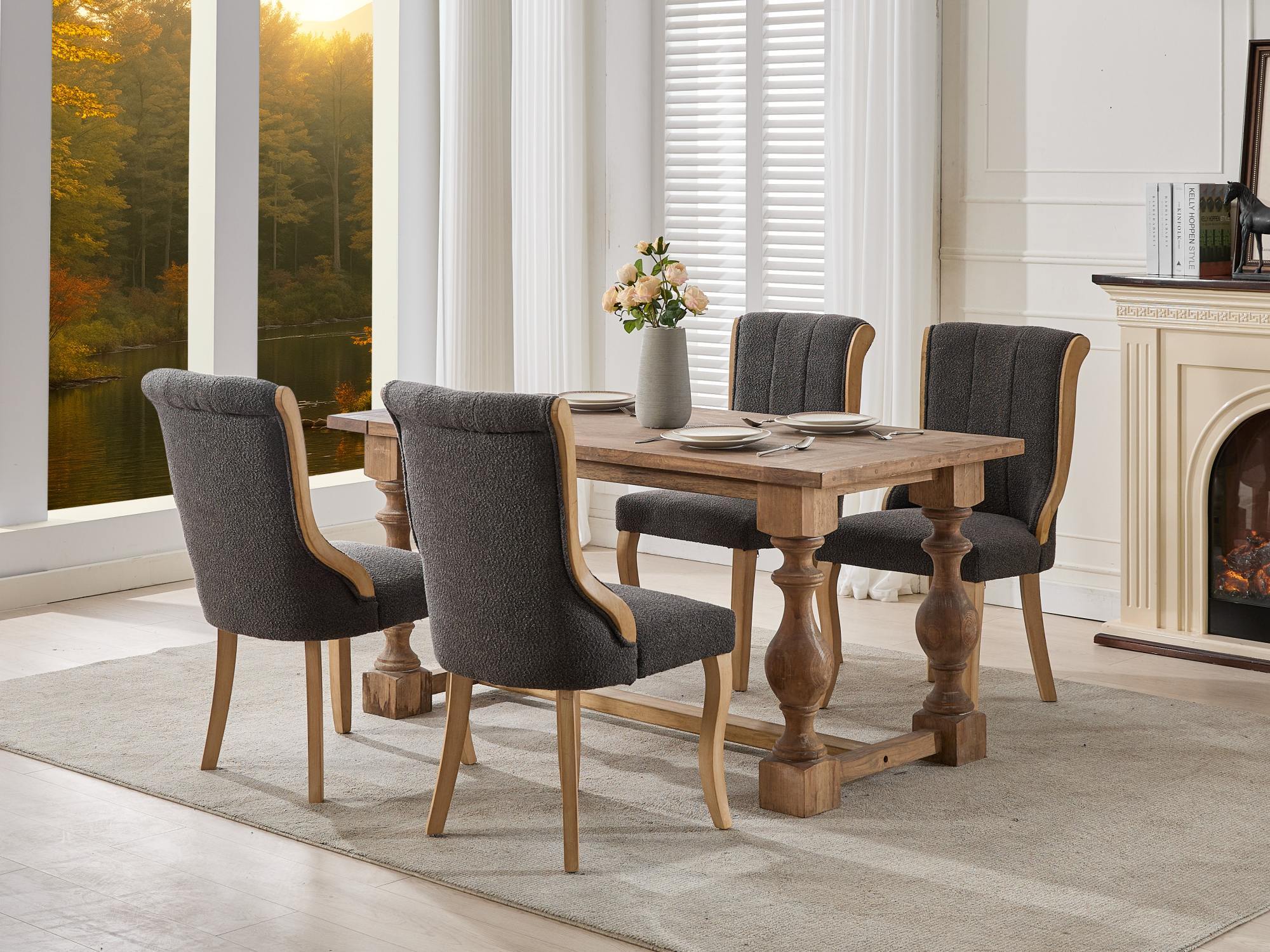 Snow Velvet Dining Chairs, Mid-Century Style with Curved Wood Trim & Sculpted Legs, Upholstered Comfort for Dining/Lounge, Accent Seating with Fluffy Fabric & Sturdy Wood, Set of 2, Gray