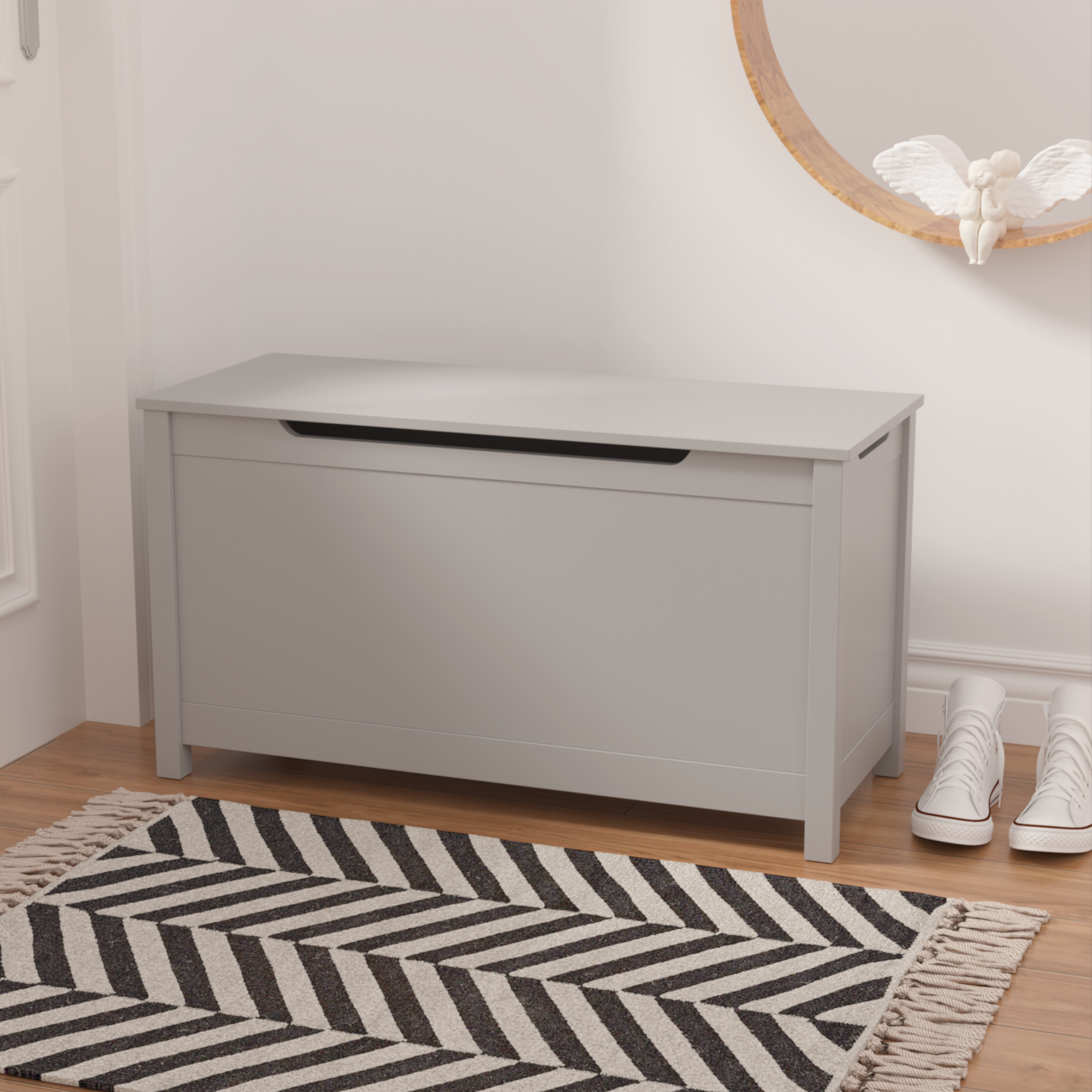 Kids Wooden Toy Box Storage with Safety Hinged Lid for Ages 3+ (Gray)