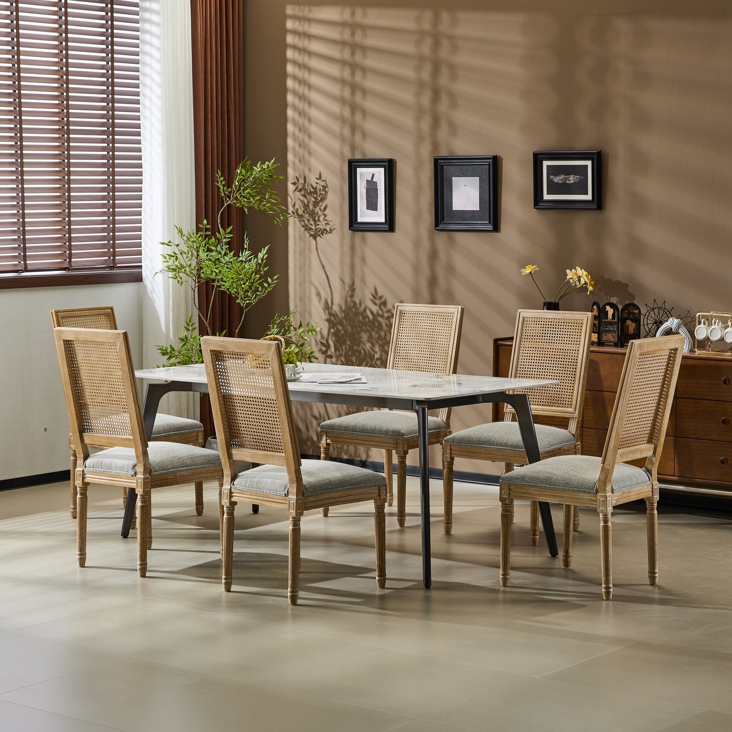 Rustic Weathered Finish French Country Dining Chairs Set - Elegant Cane Backrest & Upholstered Seats, Solid Rubberwood Frame, Grayish Green