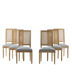 Rustic Weathered Finish French Country Dining Chairs Set - Elegant Cane Backrest & Upholstered Seats, Solid Rubberwood Frame, Grayish Green