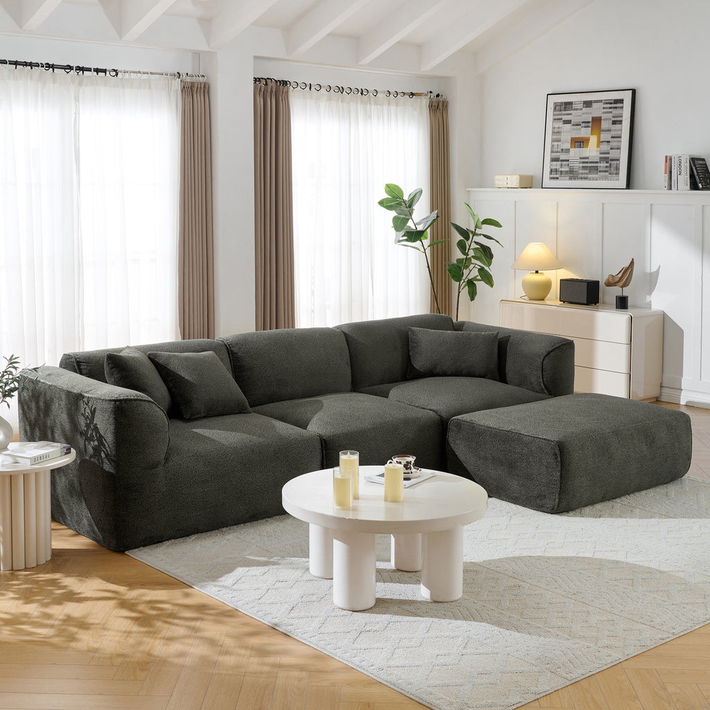 U_Style Luxury living room double-needle cut velvet sofa, 4-seater with pure sponge seat cushions and a detachable footstool, includes 3 throw pillows. Ideal for living rooms, apartments, and more.