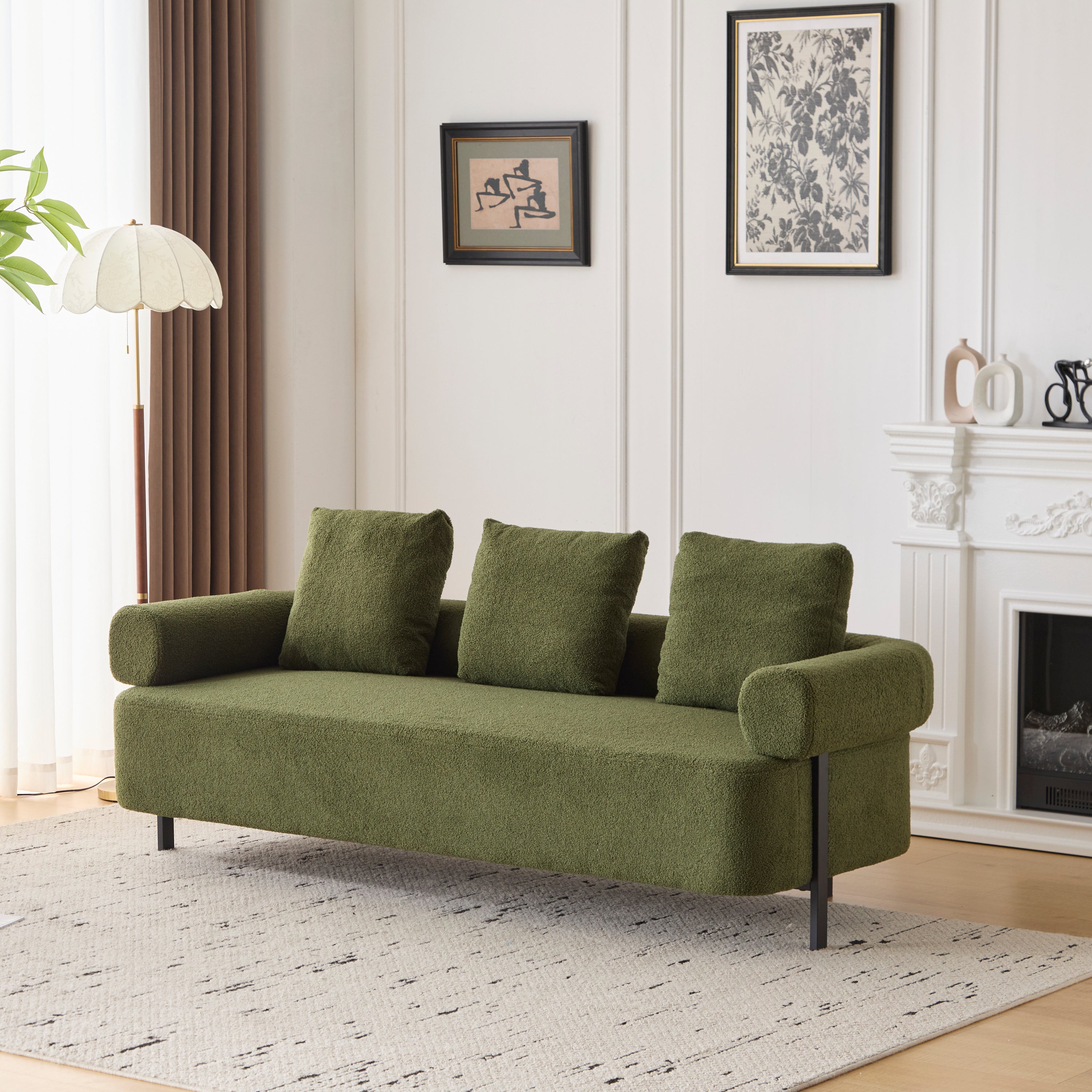 78' Modern 3-Seater Green Upholstered Sofa, Oversized Comfy Couch with 3 Plush Pillows for Living Room, Bedroom, Apartment