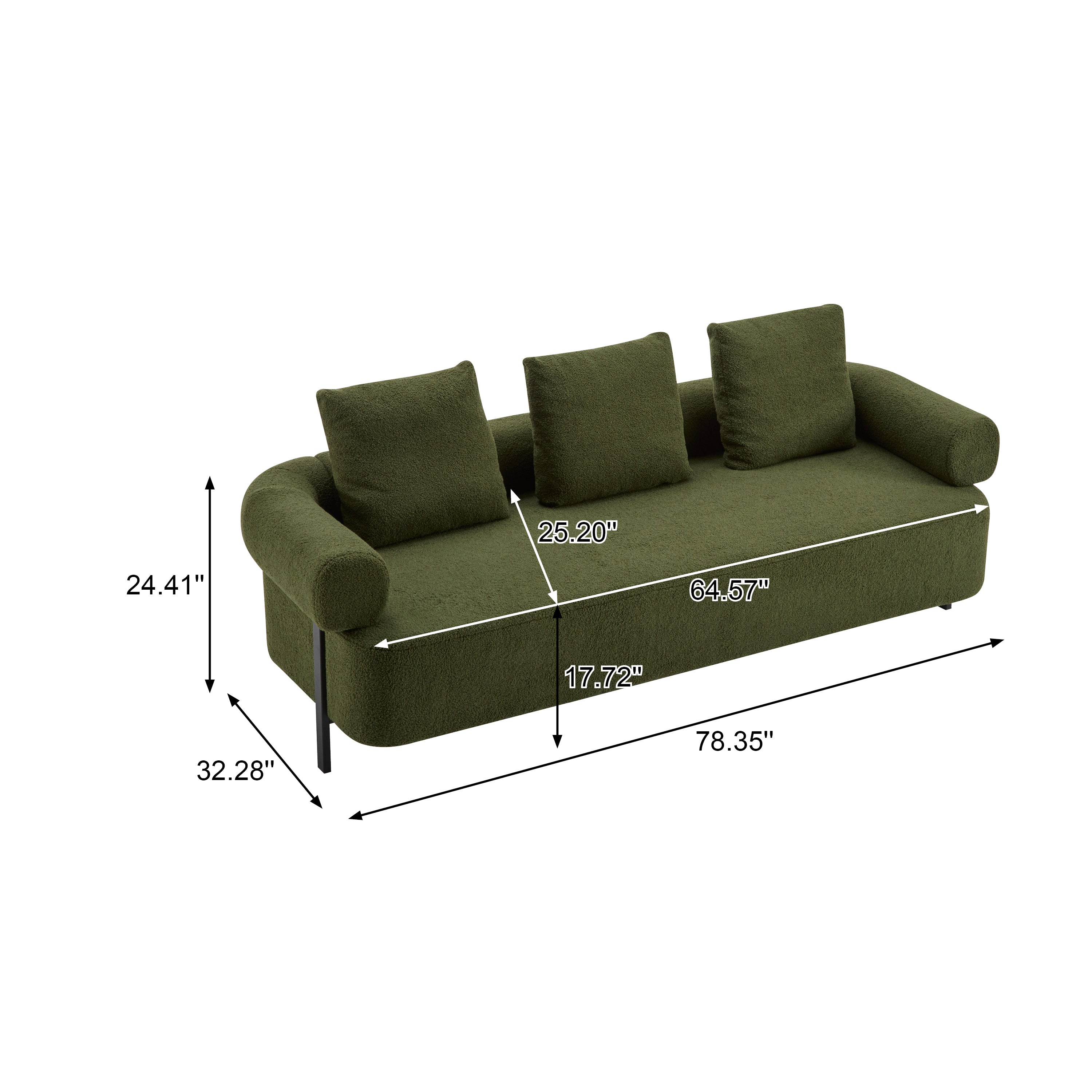 78' Modern 3-Seater Green Upholstered Sofa, Oversized Comfy Couch with 3 Plush Pillows for Living Room, Bedroom, Apartment
