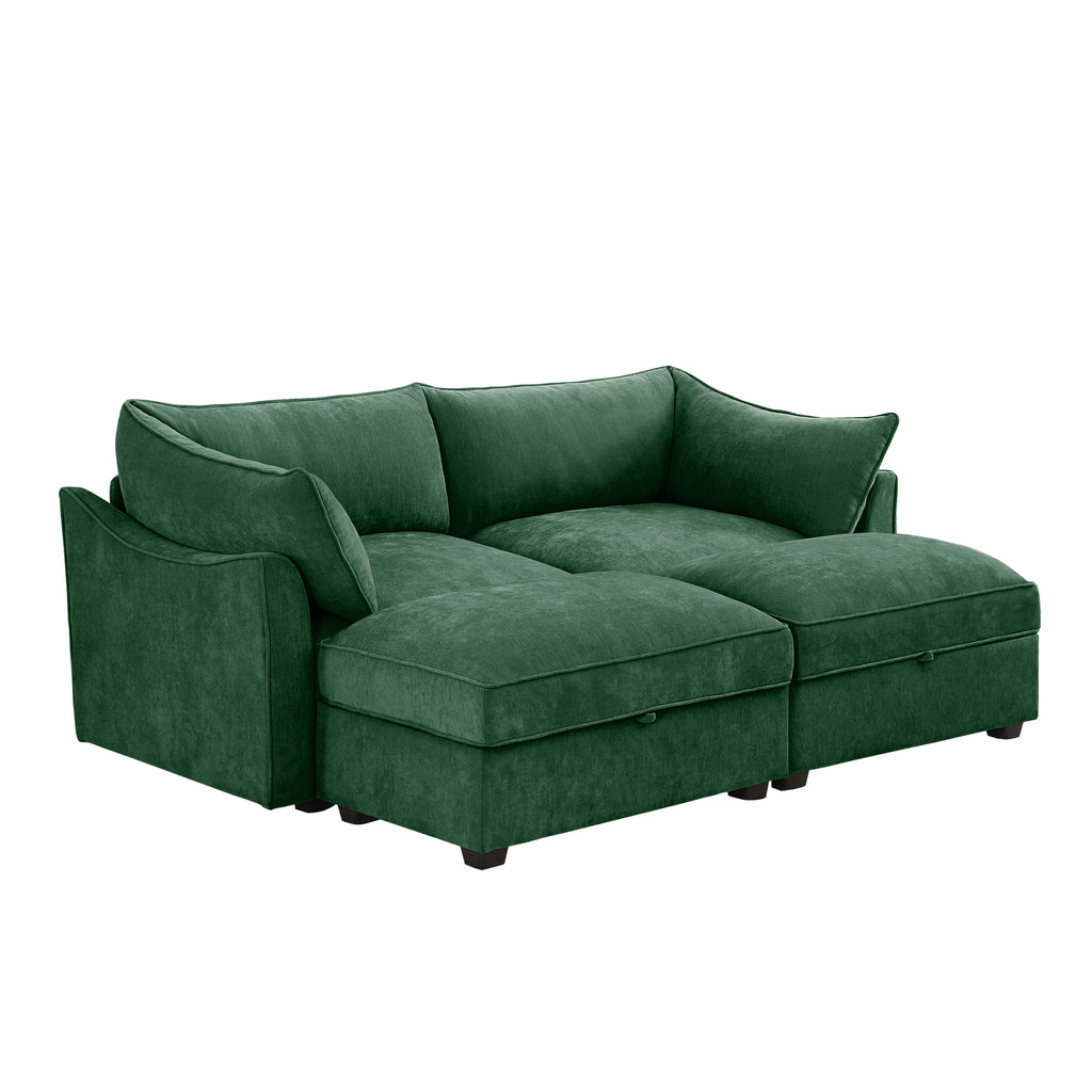 2 Seater Sofa With Footrest , 2-Seat Sofa with 2 Movable Ottoman, Pull out Storage Drawer Under Each Seat,Chenille Green