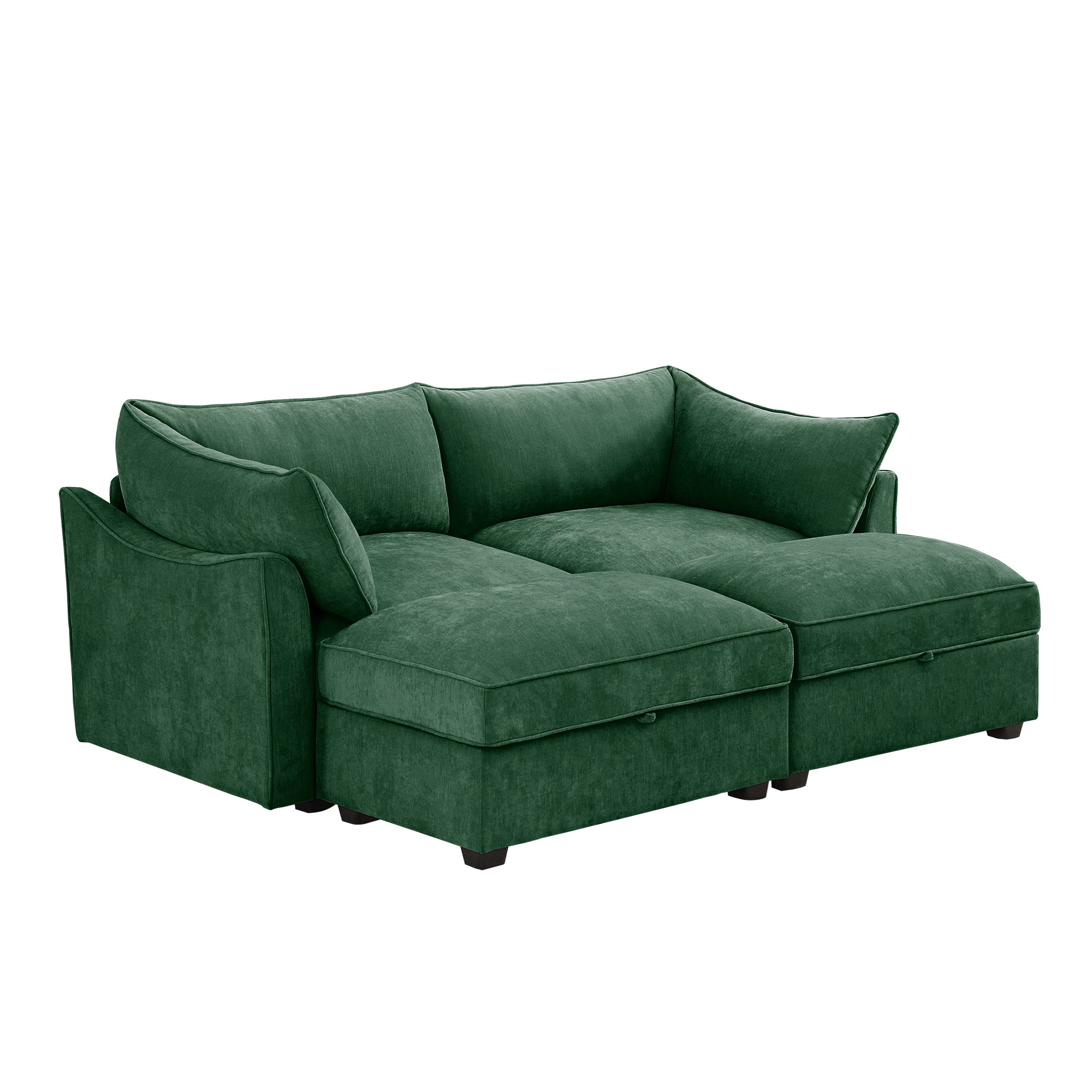 2 Seater Sofa With Footrest , 2-Seat Sofa with 2 Movable Ottoman, Pull out Storage Drawer Under Each Seat,Chenille Green