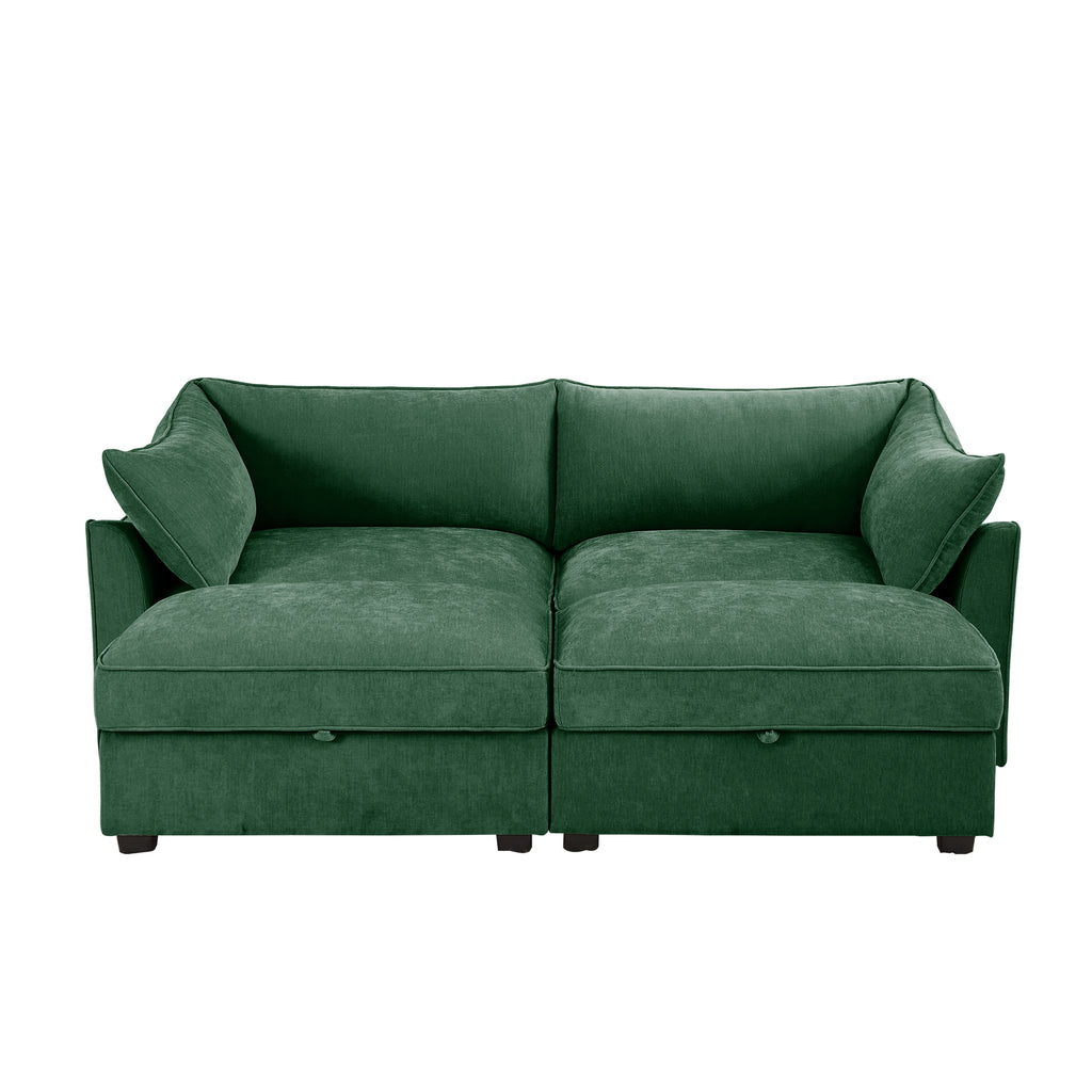 2 Seater Sofa With Footrest , 2-Seat Sofa with 2 Movable Ottoman, Pull out Storage Drawer Under Each Seat,Chenille Green