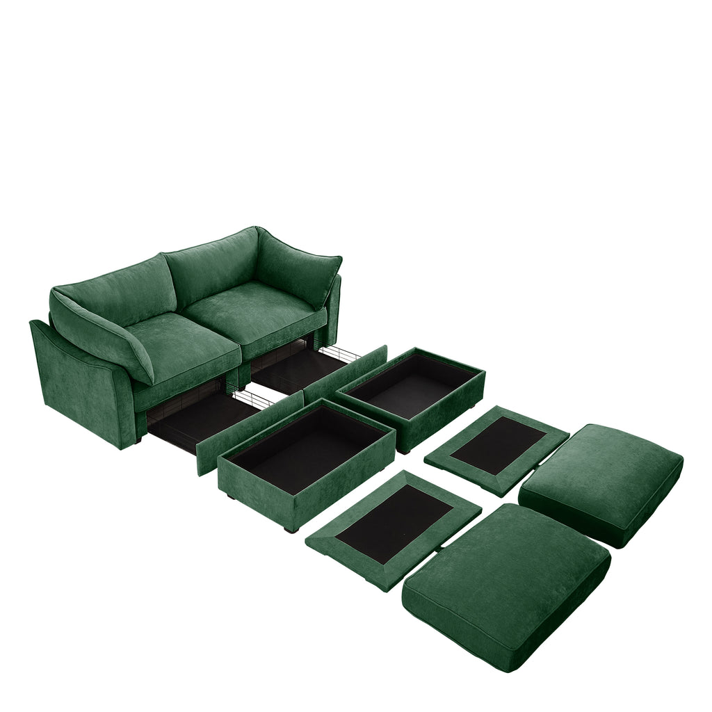 2 Seater Sofa With Footrest , 2-Seat Sofa with 2 Movable Ottoman, Pull out Storage Drawer Under Each Seat,Chenille Green