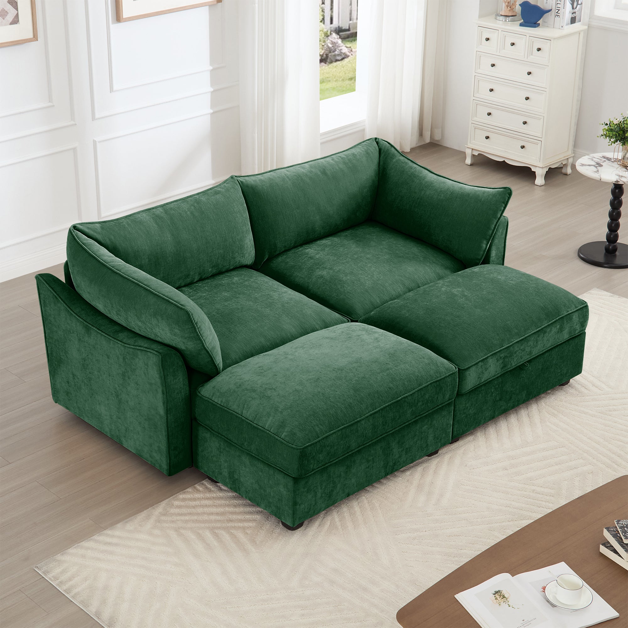 2 Seater Sofa With Footrest , 2-Seat Sofa with 2 Movable Ottoman, Pull out Storage Drawer Under Each Seat,Chenille Green