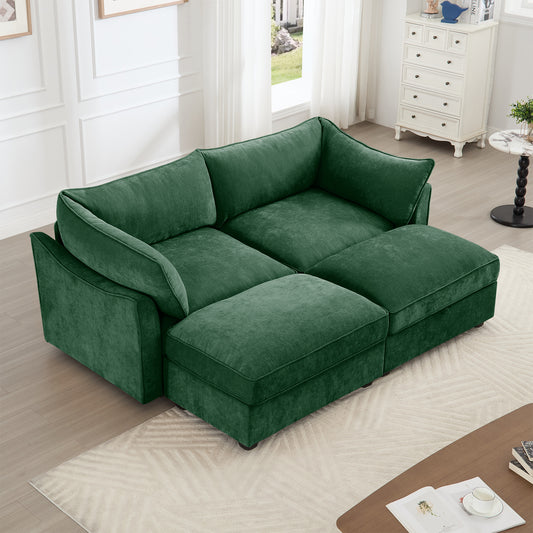 2 Seater Sofa With Footrest , 2-Seat Sofa with 2 Movable Ottoman, Pull out Storage Drawer Under Each Seat,Chenille Green