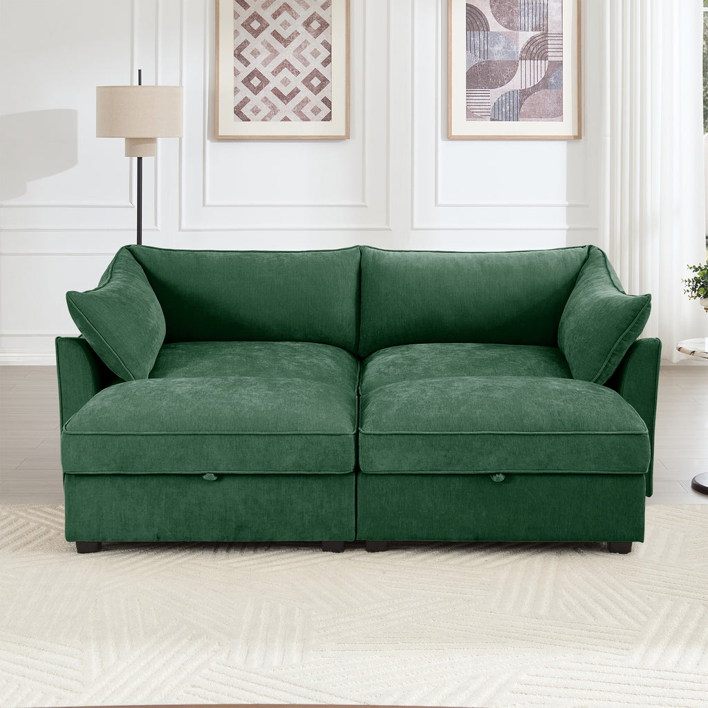 2 Seater Sofa With Footrest , 2-Seat Sofa with 2 Movable Ottoman, Pull out Storage Drawer Under Each Seat,Chenille Green