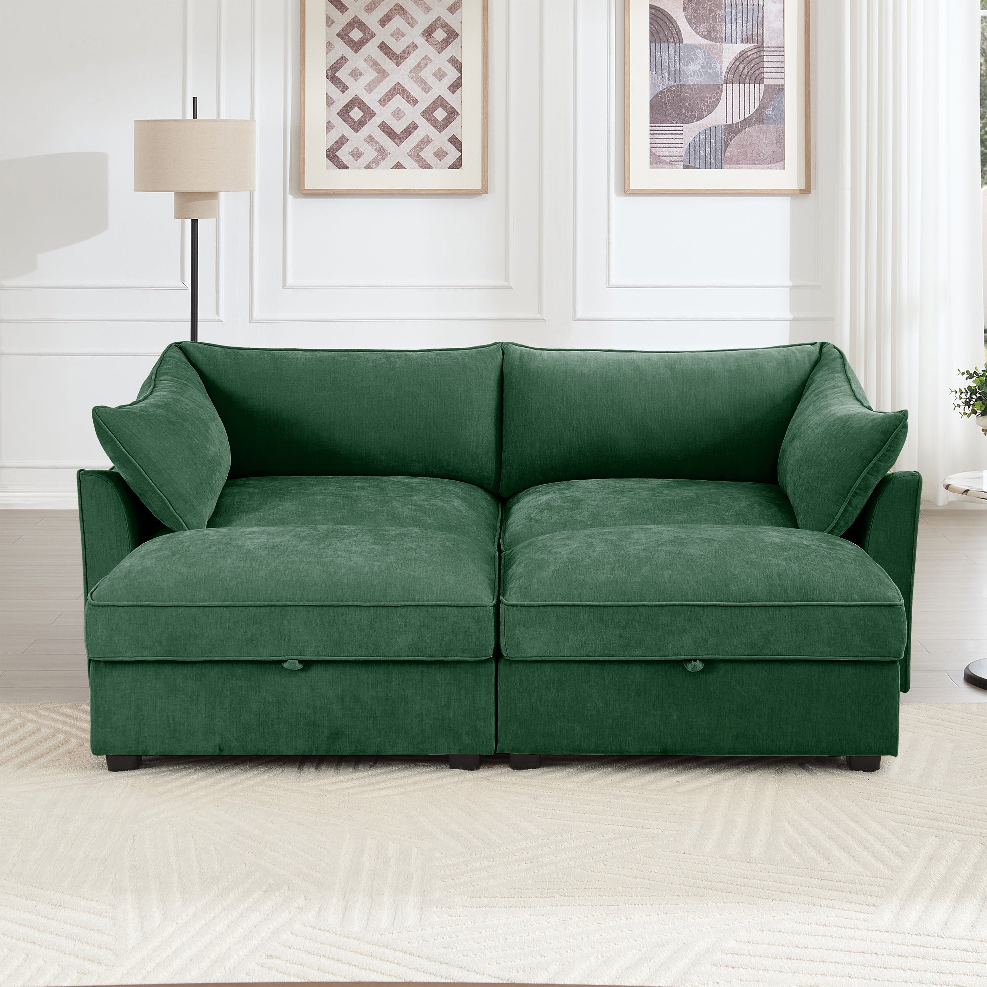 2 Seater Sofa With Footrest , 2-Seat Sofa with 2 Movable Ottoman, Pull out Storage Drawer Under Each Seat,Chenille Green