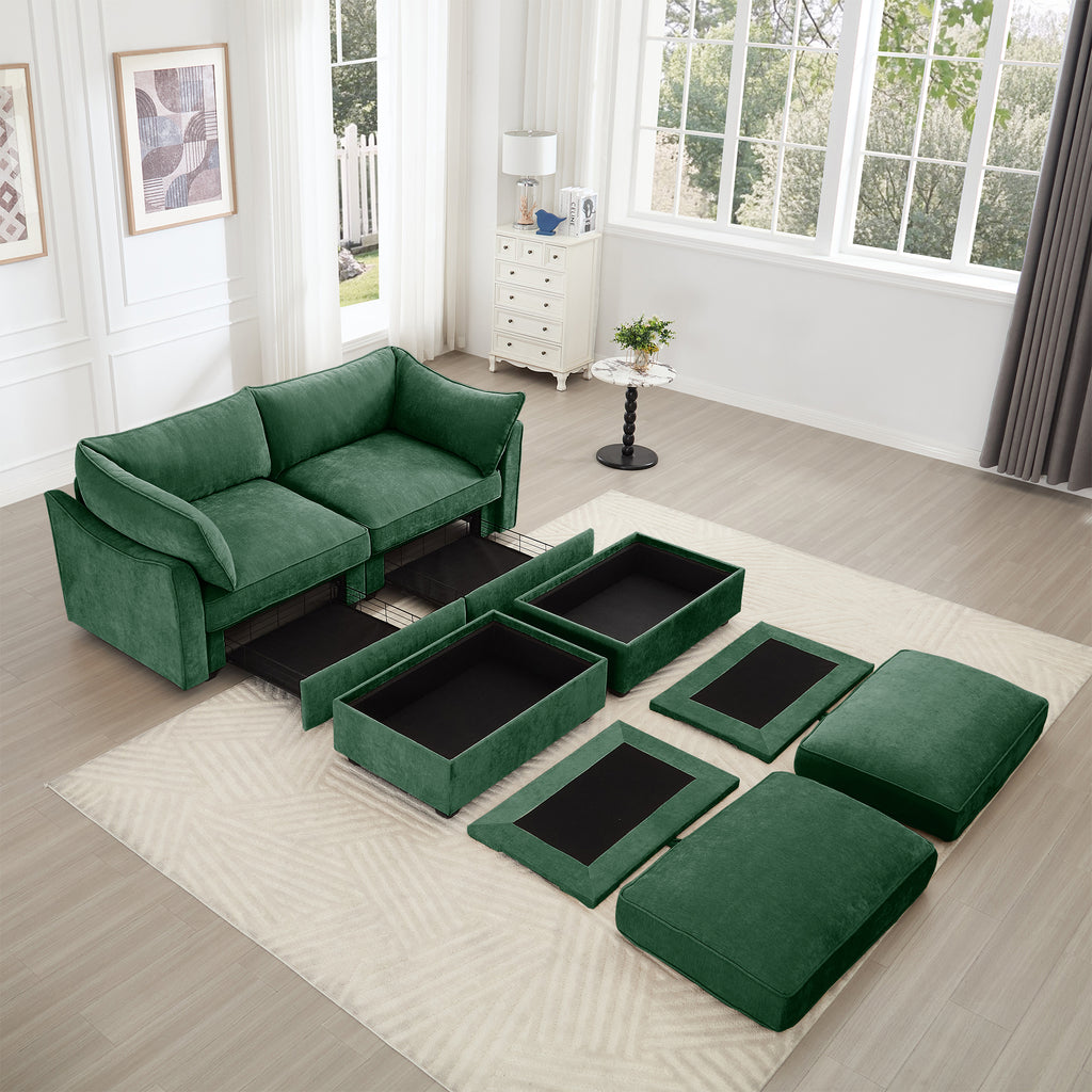 2 Seater Sofa With Footrest , 2-Seat Sofa with 2 Movable Ottoman, Pull out Storage Drawer Under Each Seat,Chenille Green