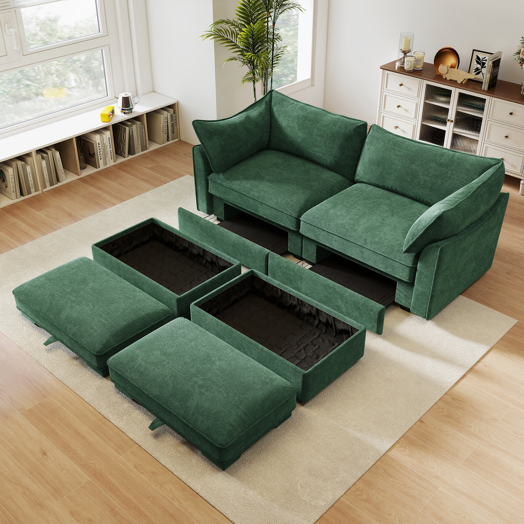 2 Seater Sofa With Footrest , 2-Seat Sofa with 2 Movable Ottoman, Pull out Storage Drawer Under Each Seat,Chenille Green