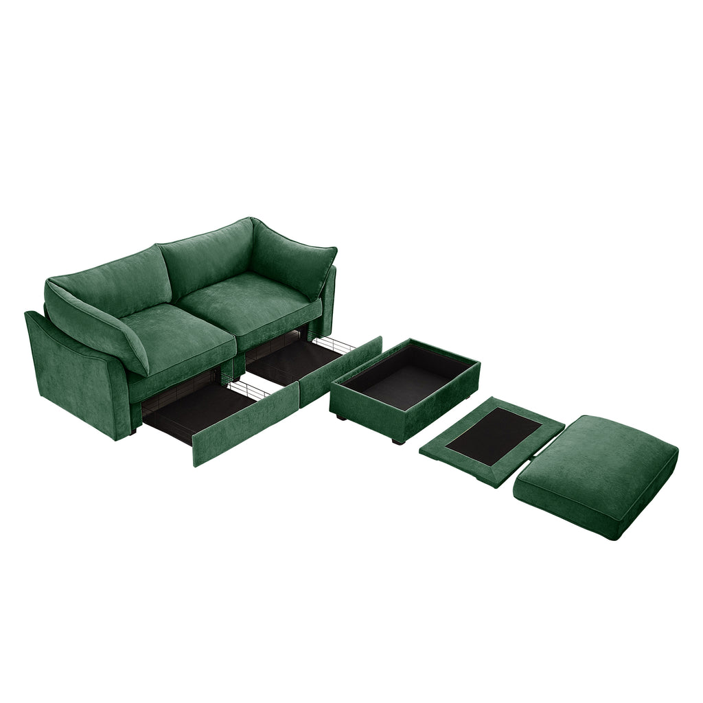 2 Seater Sofa With Footrest , 2-Seat Sofa with 1 Movable Ottoman, Pull out Storage Drawer Under Each Seat,Chenille Green