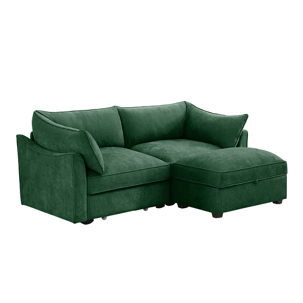 2 Seater Sofa With Footrest , 2-Seat Sofa with 1 Movable Ottoman, Pull out Storage Drawer Under Each Seat,Chenille Green