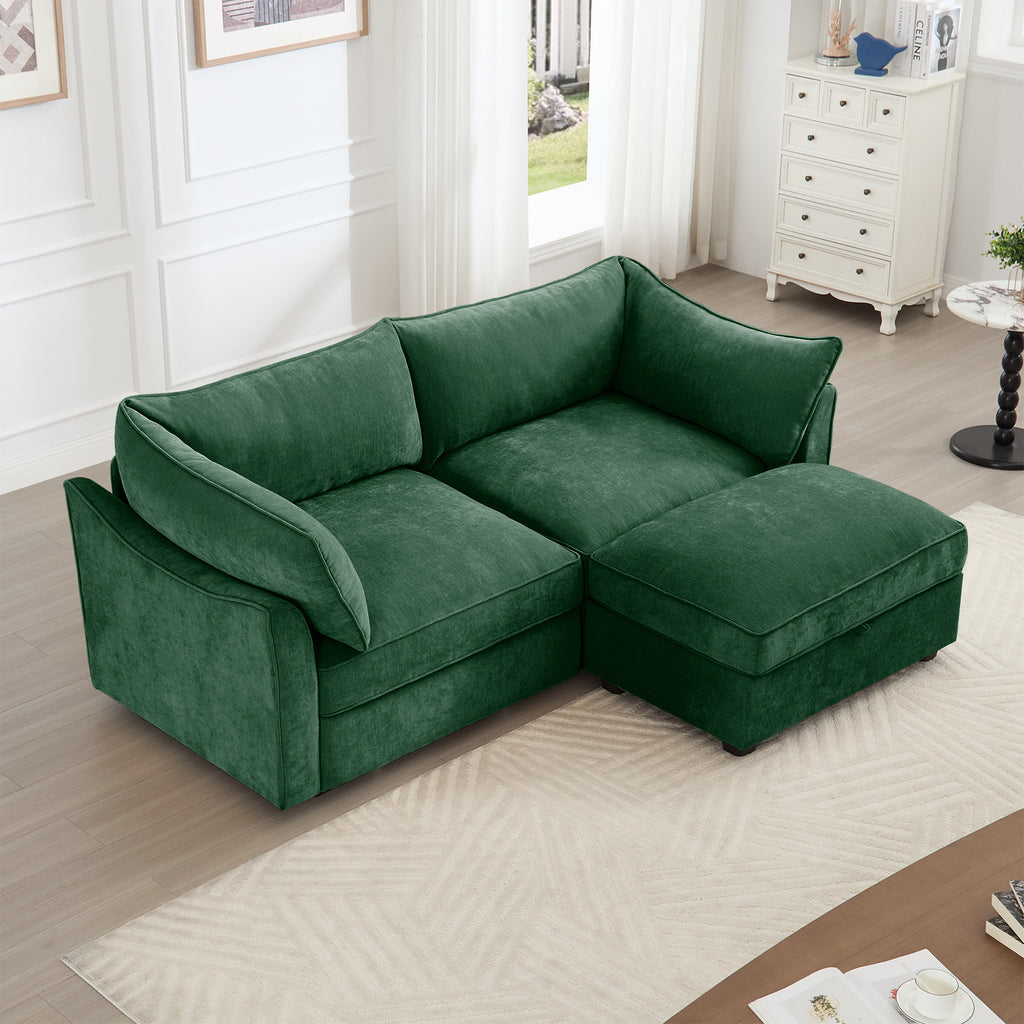 2 Seater Sofa With Footrest , 2-Seat Sofa with 1 Movable Ottoman, Pull out Storage Drawer Under Each Seat,Chenille Green