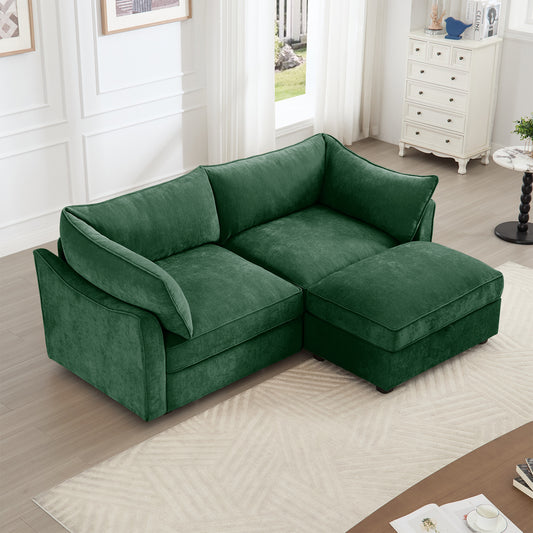 2 Seater Sofa With Footrest , 2-Seat Sofa with 1 Movable Ottoman, Pull out Storage Drawer Under Each Seat,Chenille Green
