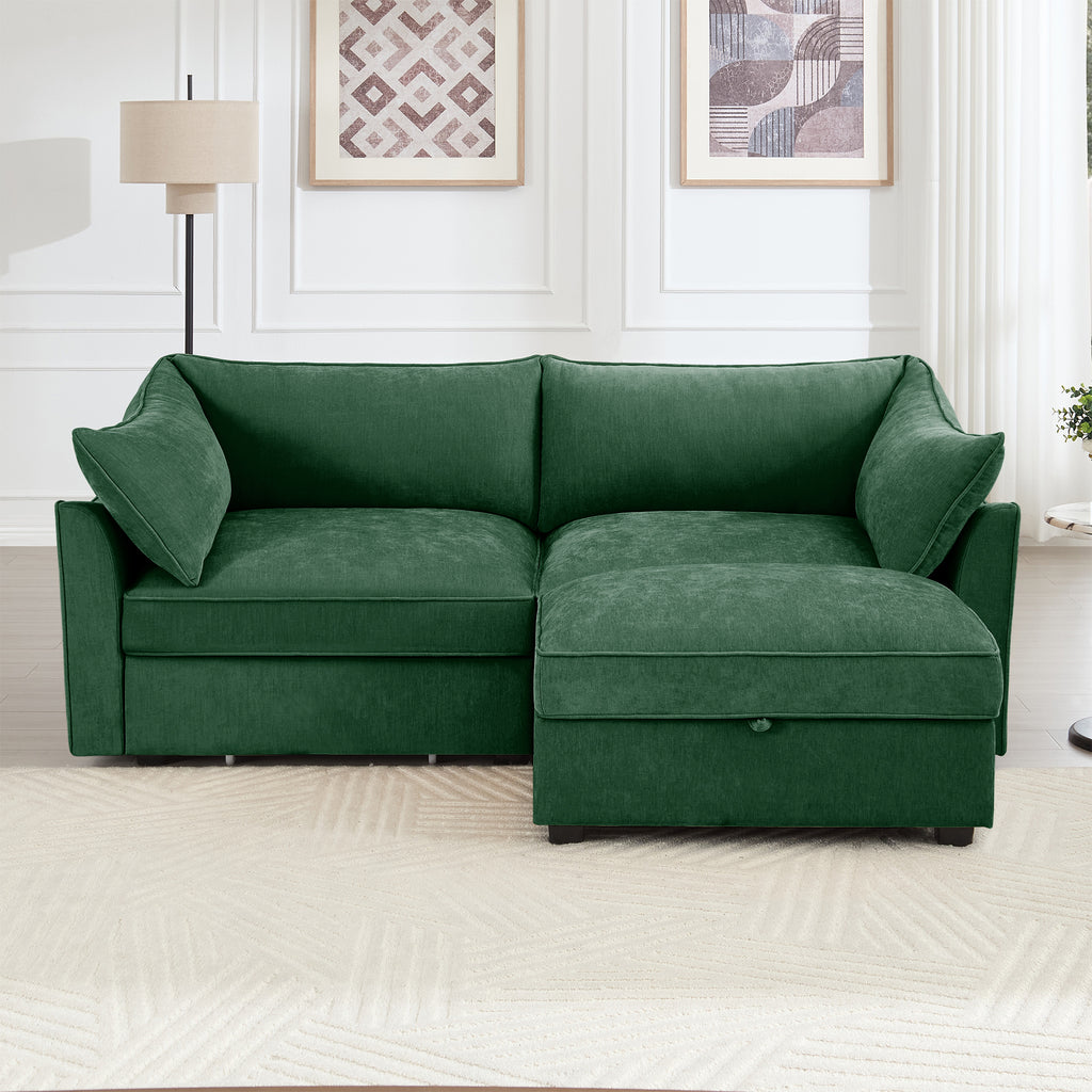 2 Seater Sofa With Footrest , 2-Seat Sofa with 1 Movable Ottoman, Pull out Storage Drawer Under Each Seat,Chenille Green