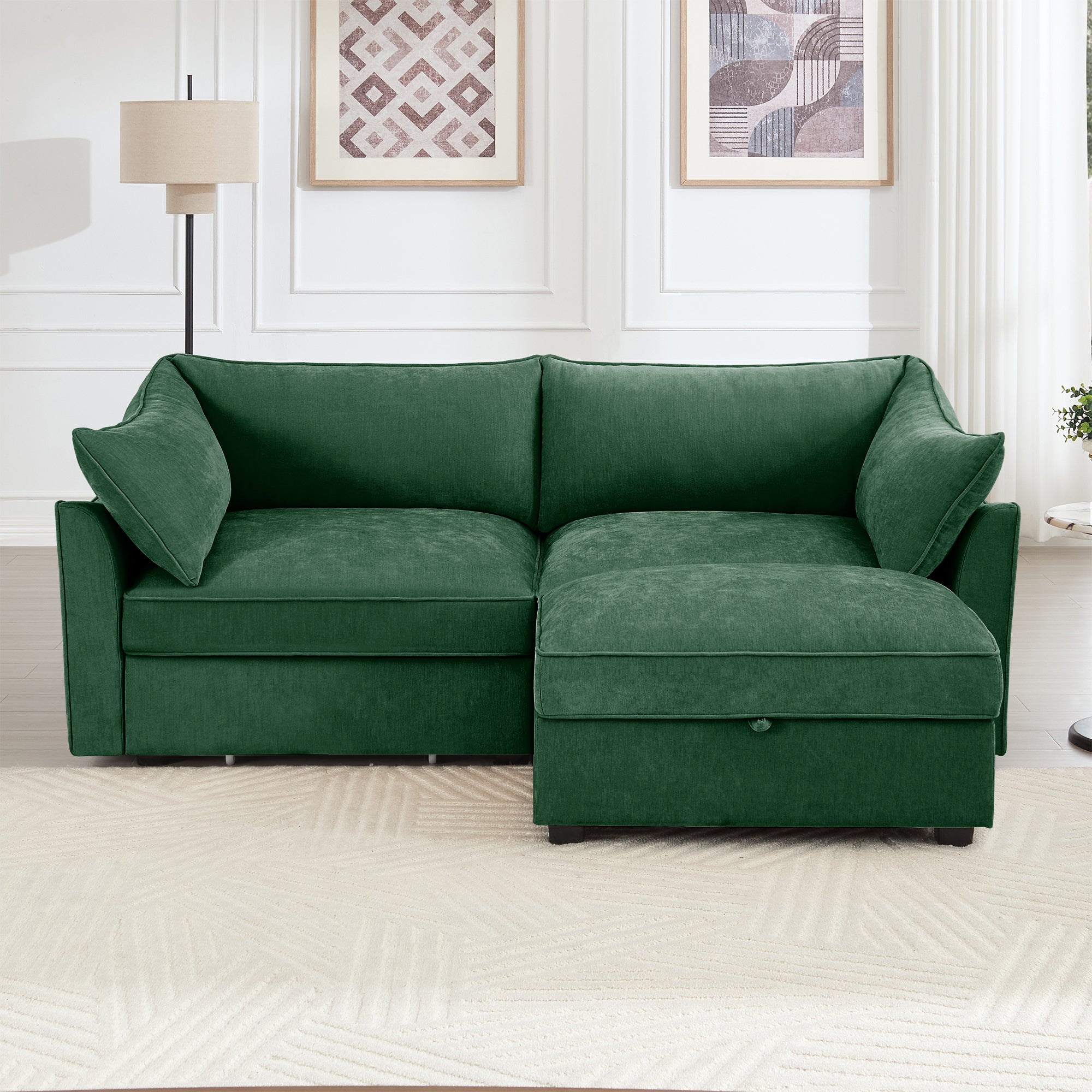 2 Seater Sofa With Footrest , 2-Seat Sofa with 1 Movable Ottoman, Pull out Storage Drawer Under Each Seat,Chenille Green