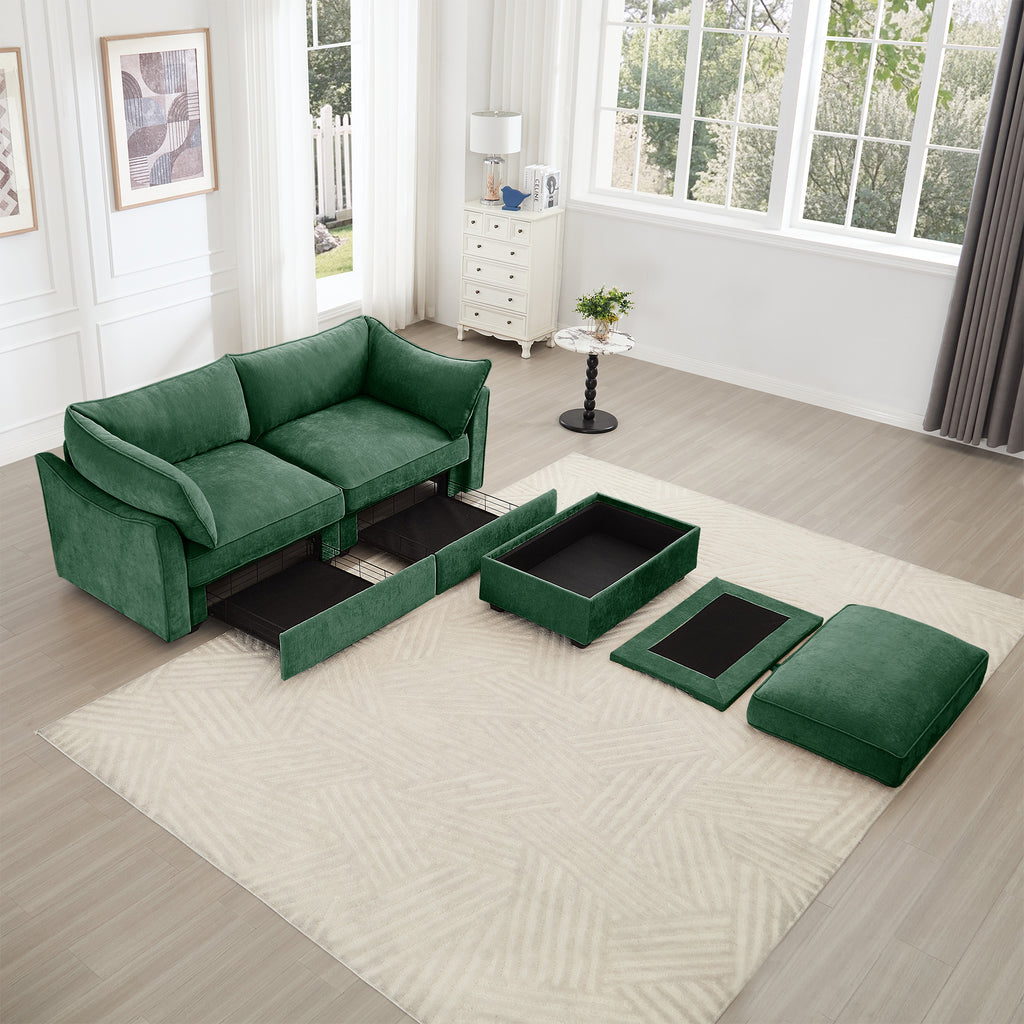 2 Seater Sofa With Footrest , 2-Seat Sofa with 1 Movable Ottoman, Pull out Storage Drawer Under Each Seat,Chenille Green