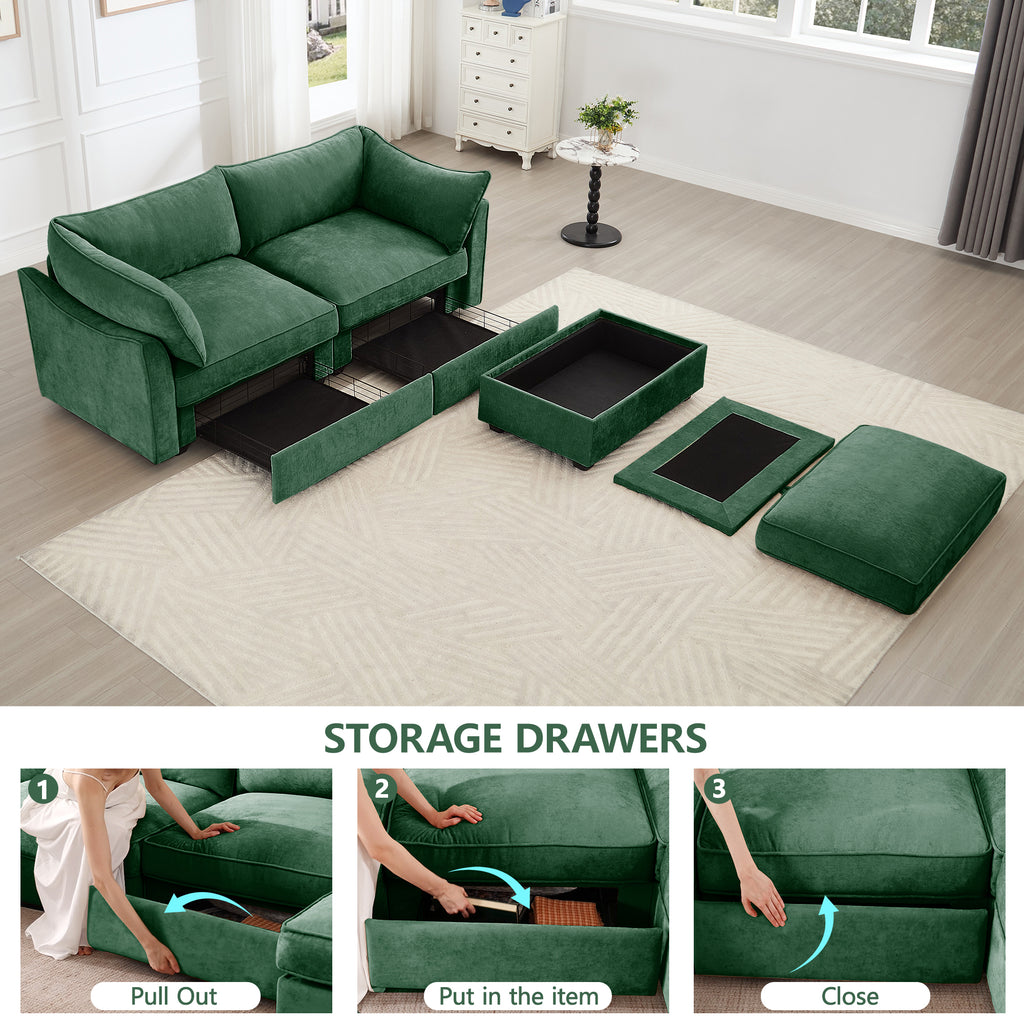 2 Seater Sofa With Footrest , 2-Seat Sofa with 1 Movable Ottoman, Pull out Storage Drawer Under Each Seat,Chenille Green