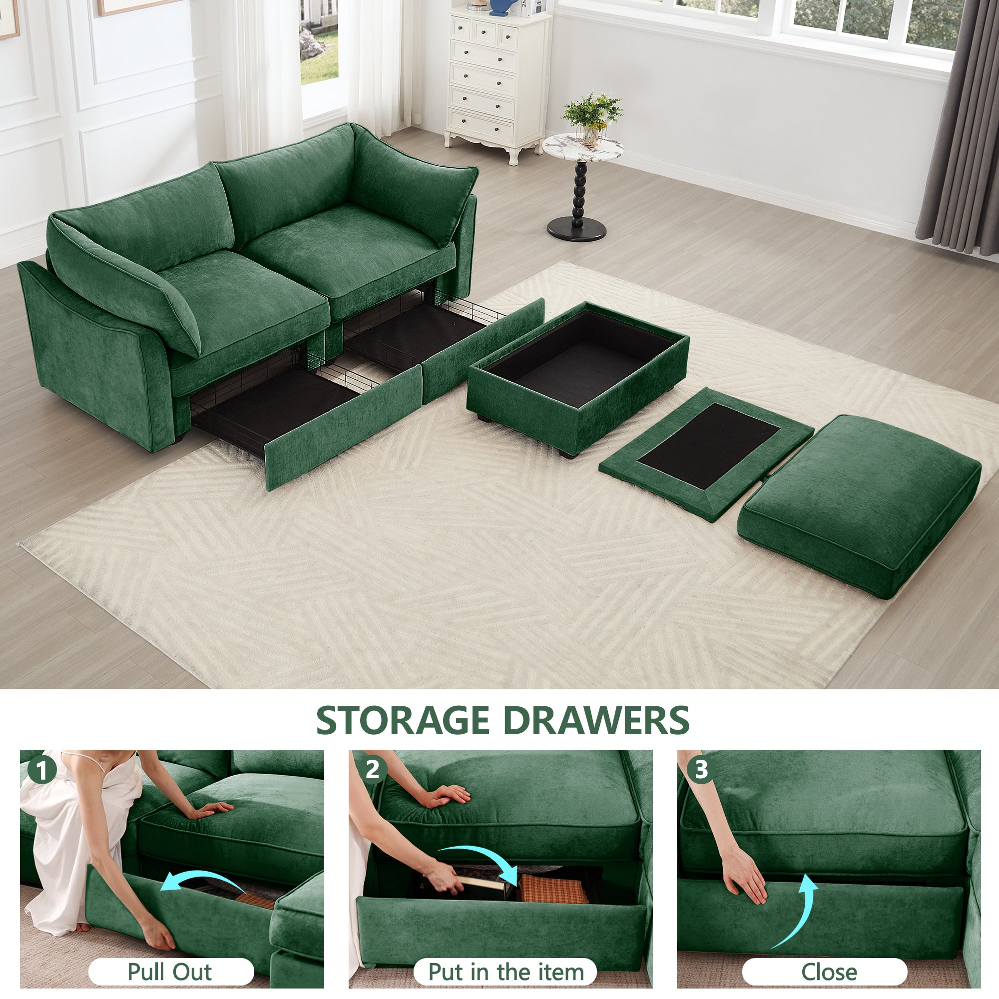 2 Seater Sofa With Footrest , 2-Seat Sofa with 1 Movable Ottoman, Pull out Storage Drawer Under Each Seat,Chenille Green