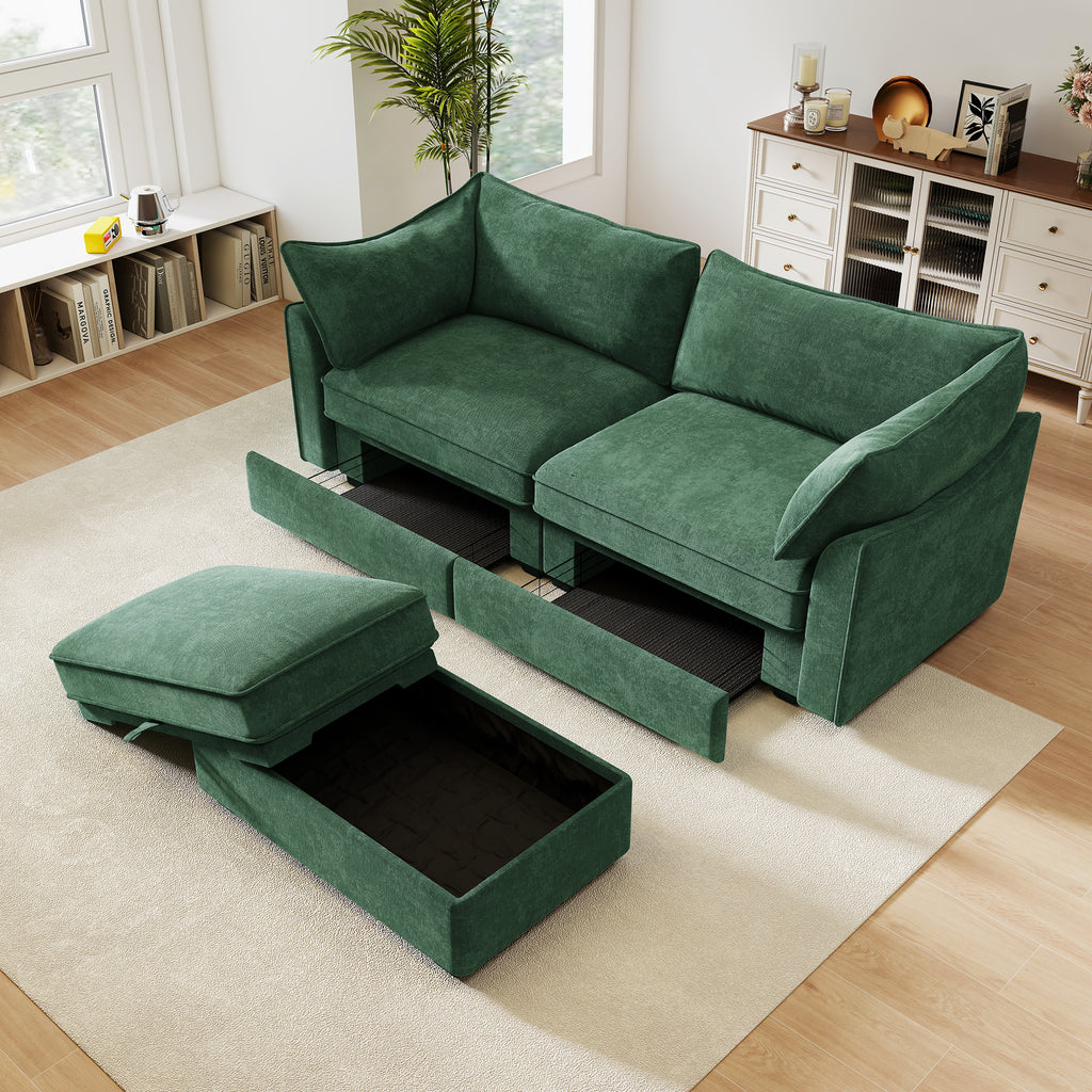 2 Seater Sofa With Footrest , 2-Seat Sofa with 1 Movable Ottoman, Pull out Storage Drawer Under Each Seat,Chenille Green