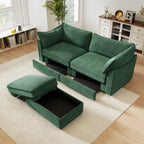 2 Seater Sofa With Footrest , 2-Seat Sofa with 1 Movable Ottoman, Pull out Storage Drawer Under Each Seat,Chenille Green